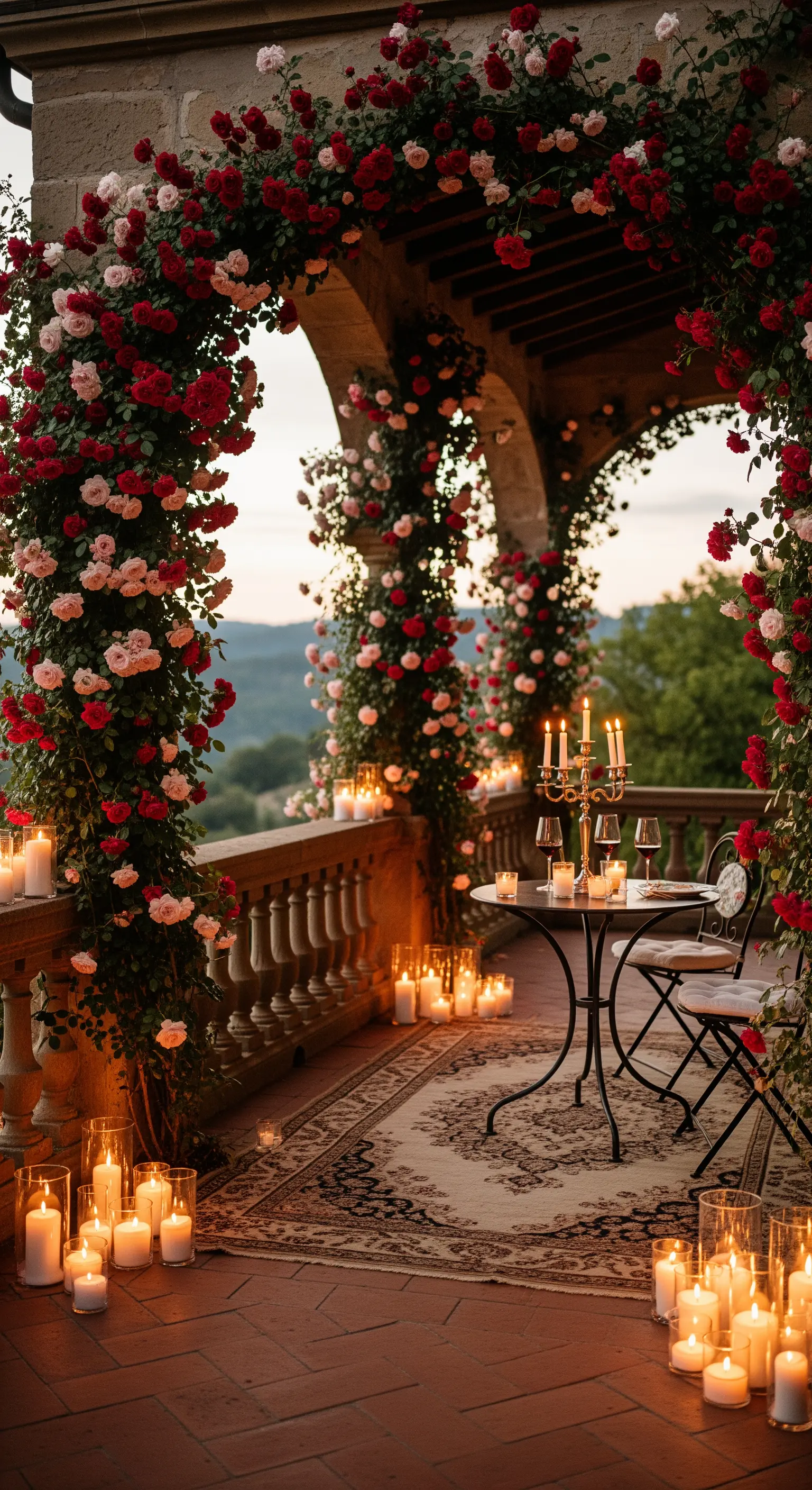 Veranda con arco di rose rosse, tappeto persiano e decine di candele accese per una cena a due.