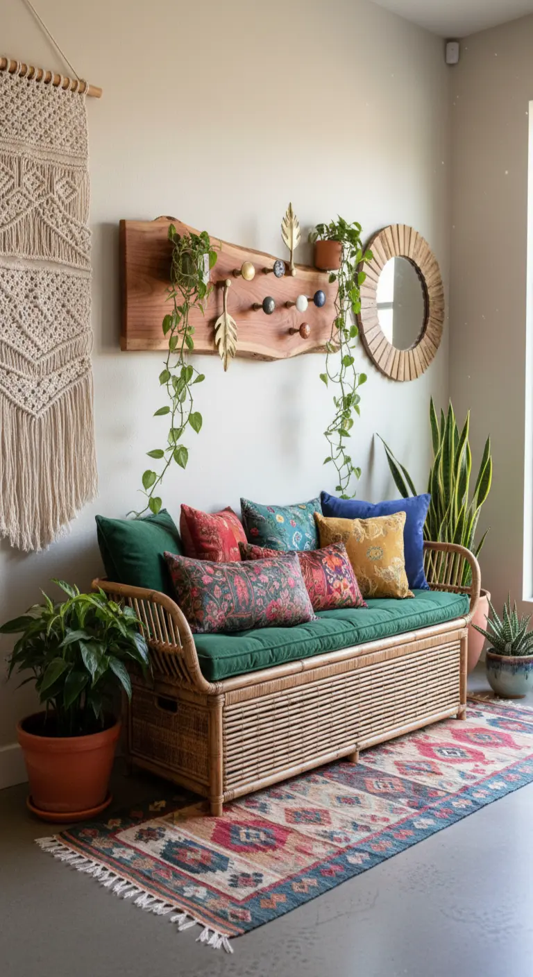 Panca in rattan con cuscini colorati, piante e decorazioni in macramè.