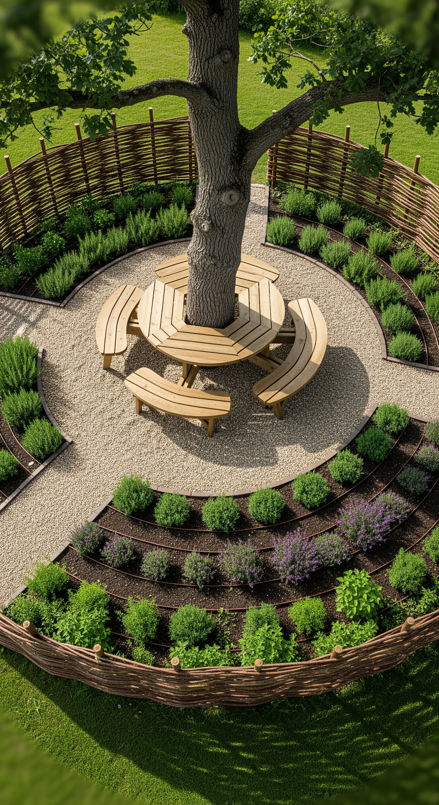 Vista dall'alto di una panca circolare attorno a un albero, circondata da aiuole curve.