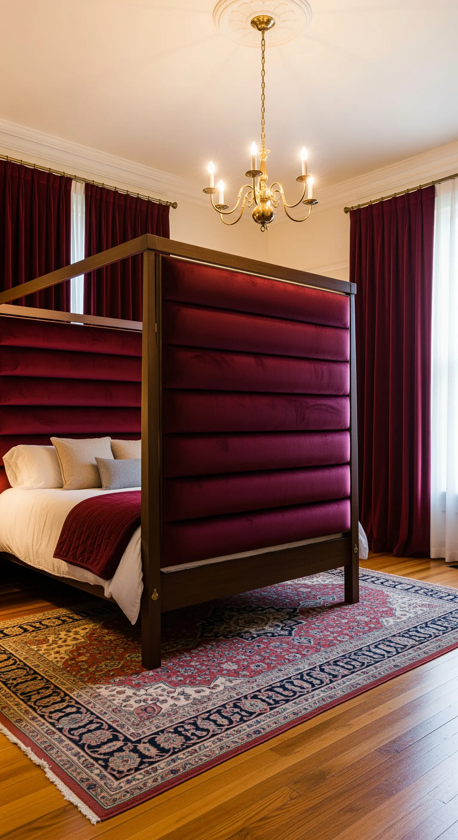 Letto a baldacchino moderno con pannelli imbottiti in velluto bordeaux.
