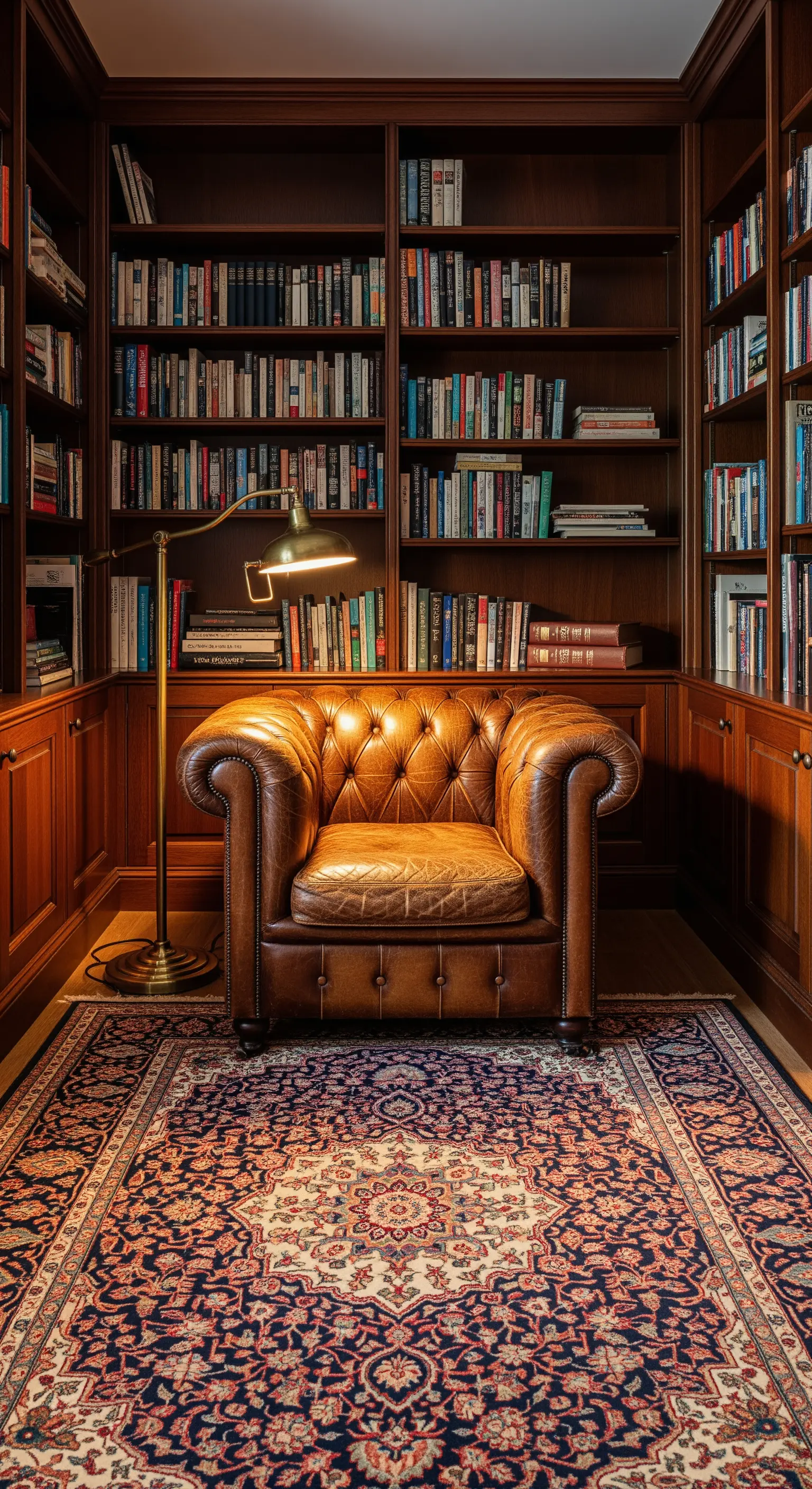 Poltrona Chesterfield in pelle marrone circondata da librerie a tutta altezza in legno scuro.