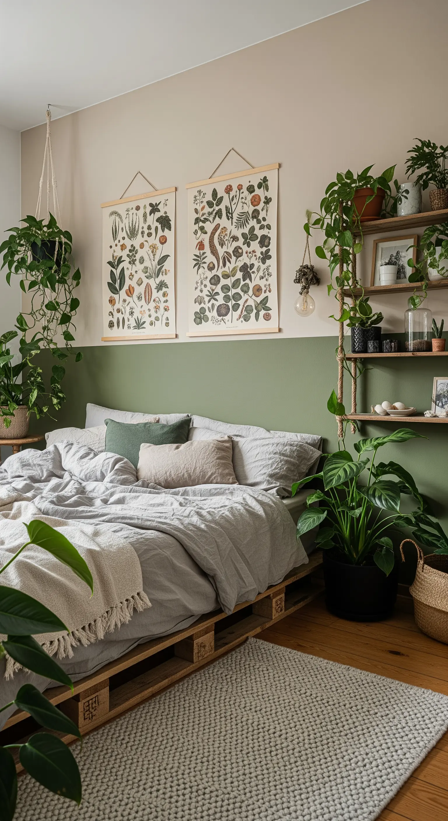 Camera da letto in stile urban jungle con parete verde salvia e mensole con piante.