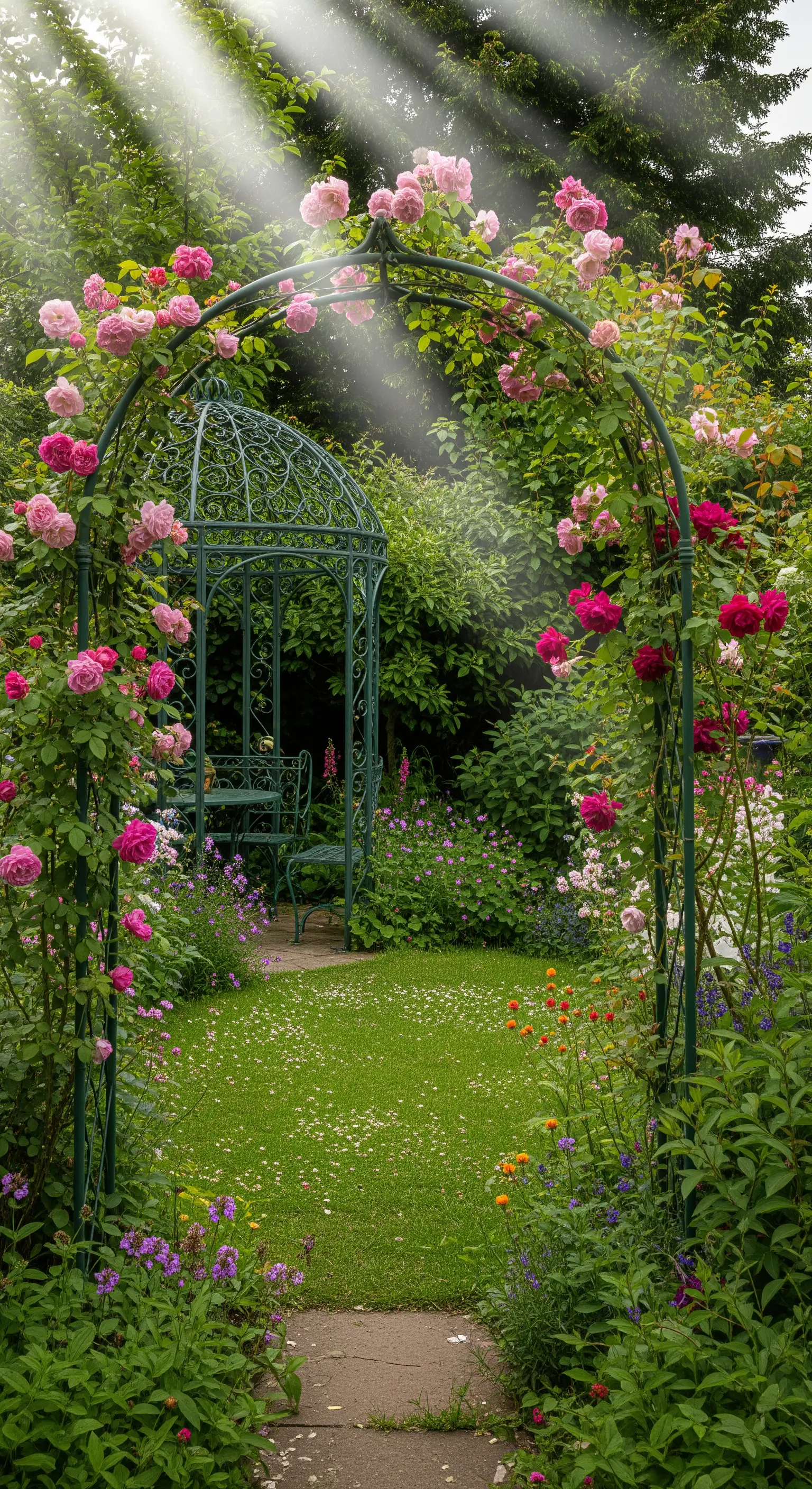 Gazebo e arco verdi sommersi da una fioritura esuberante di rose rosa e fiori di campo.