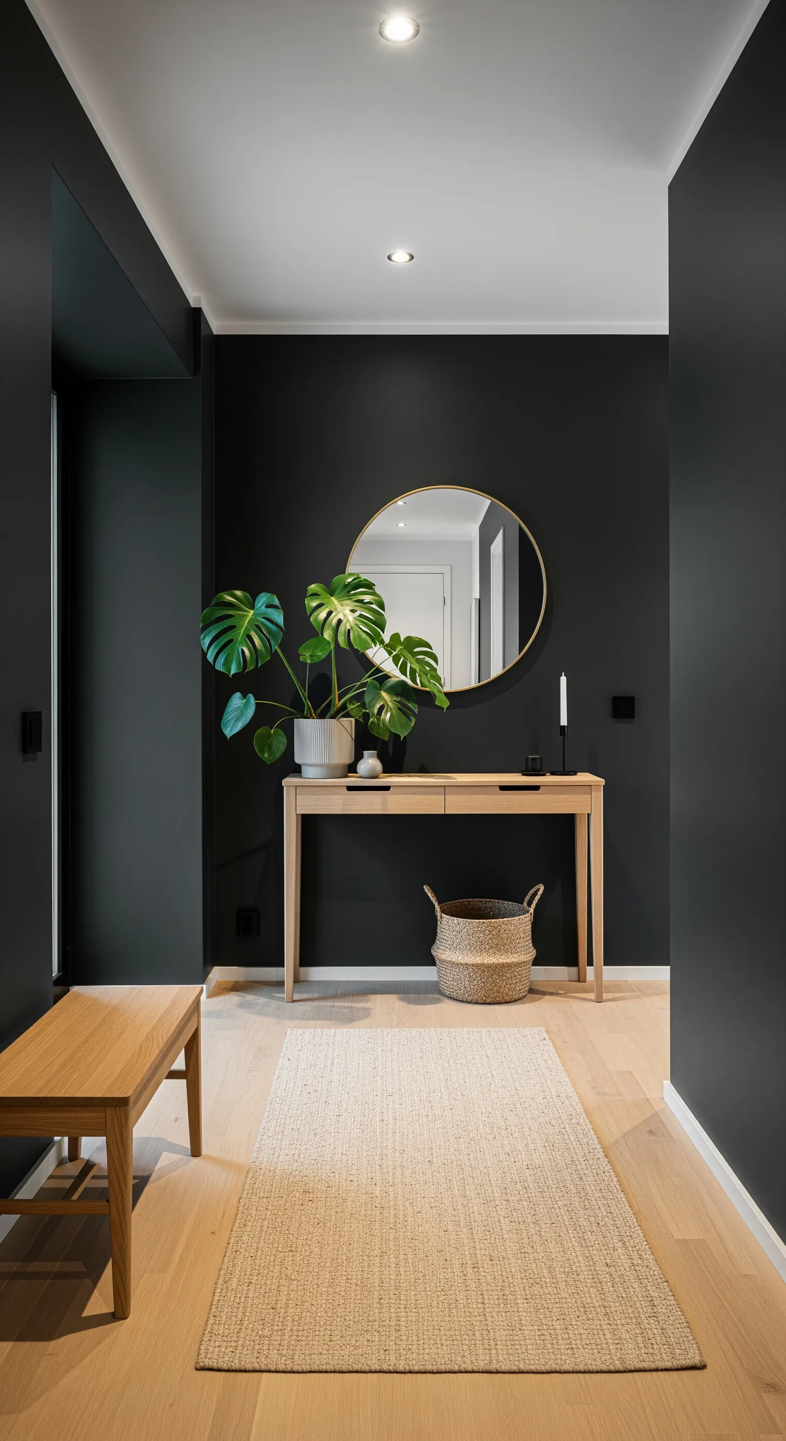 Ingresso elegante con pareti nere, consolle in legno chiaro e specchio rotondo dorato.