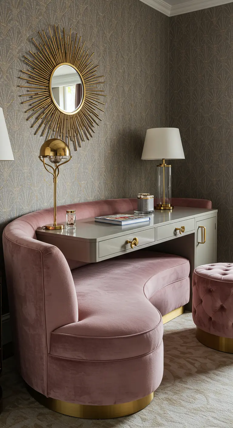 Divano curvo in velluto rosa che avvolge una scrivania con dettagli in ottone.