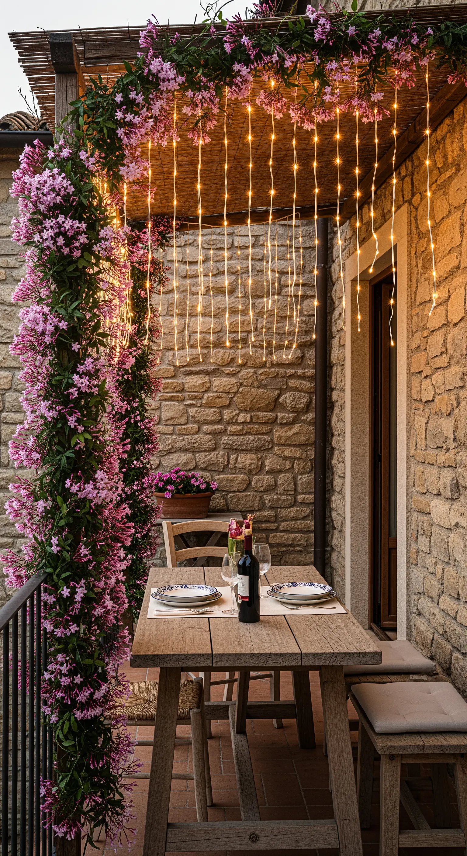 Balcone rustico con un pergolato ricoperto di gelsomino rosa e luci a cascata sopra un tavolo di legno