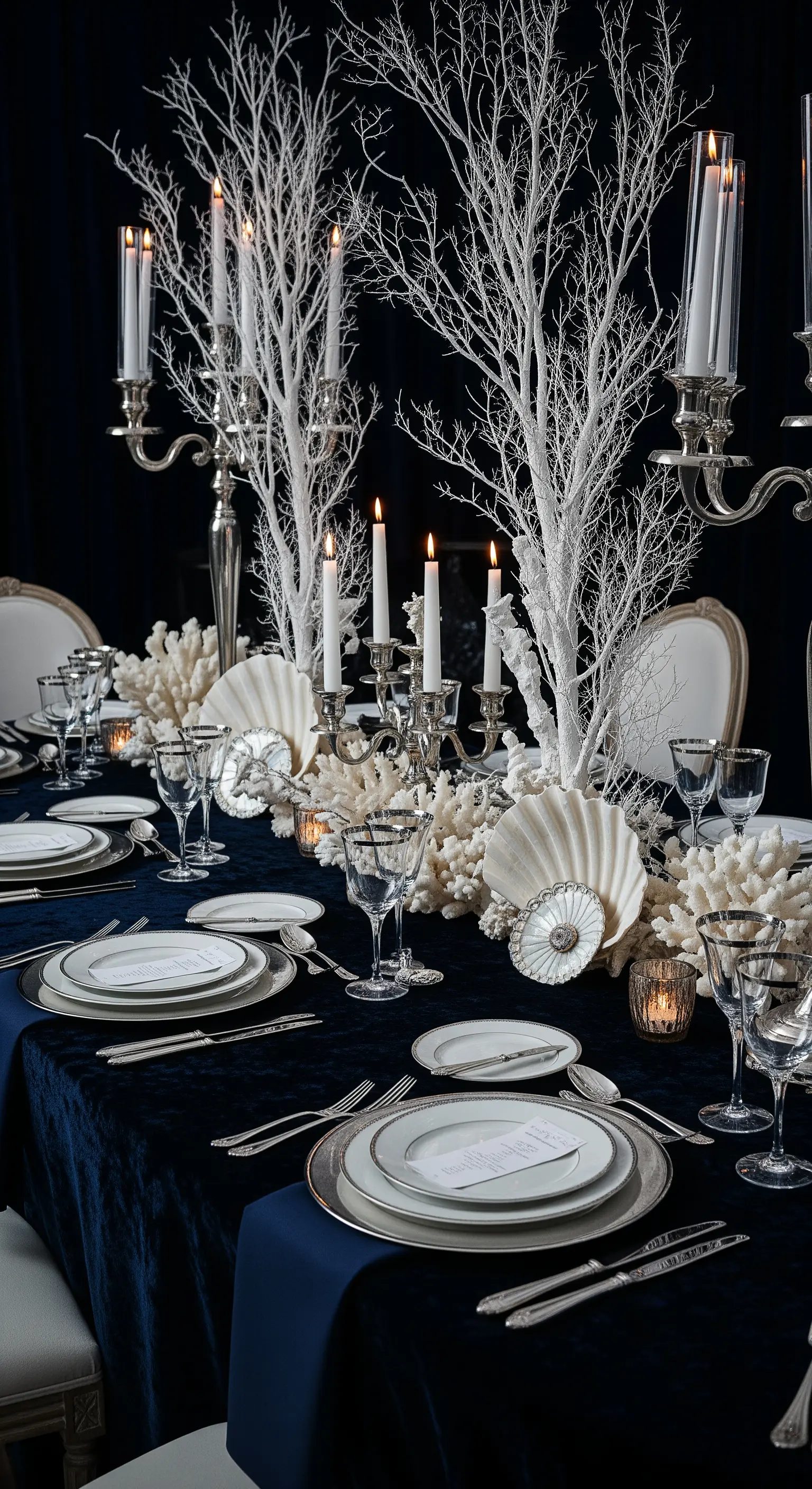 Tavola formale con tovaglia in velluto blu, coralli bianchi e candelabri d'argento.