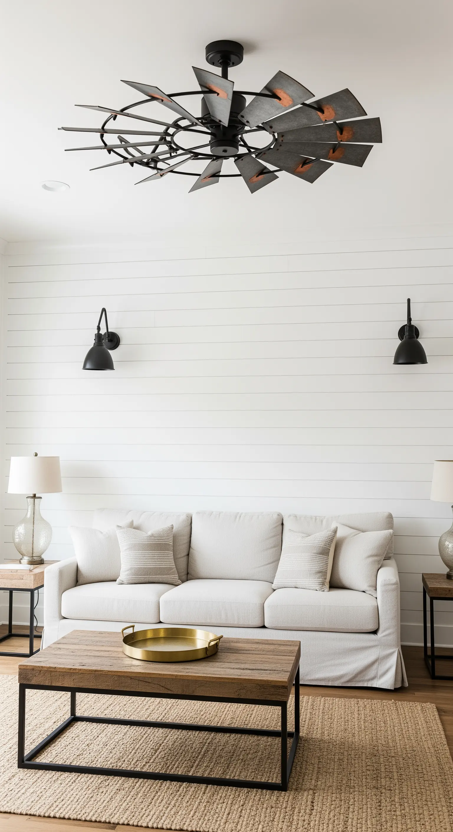 Salotto Farmhouse con ventilatore da soffitto industriale a forma di mulino a vento.