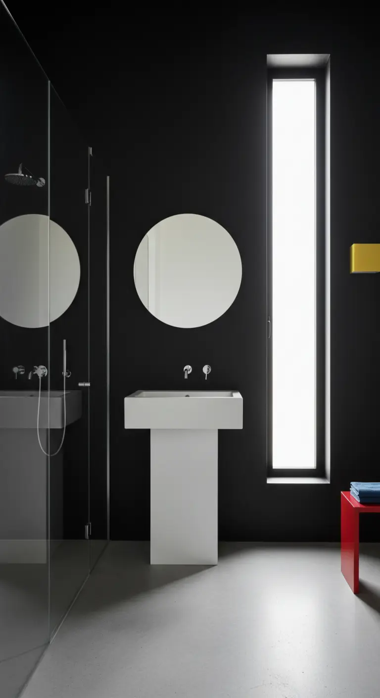 Bagno minimalista nero con lavabo a colonna bianco e un tocco di rosso.