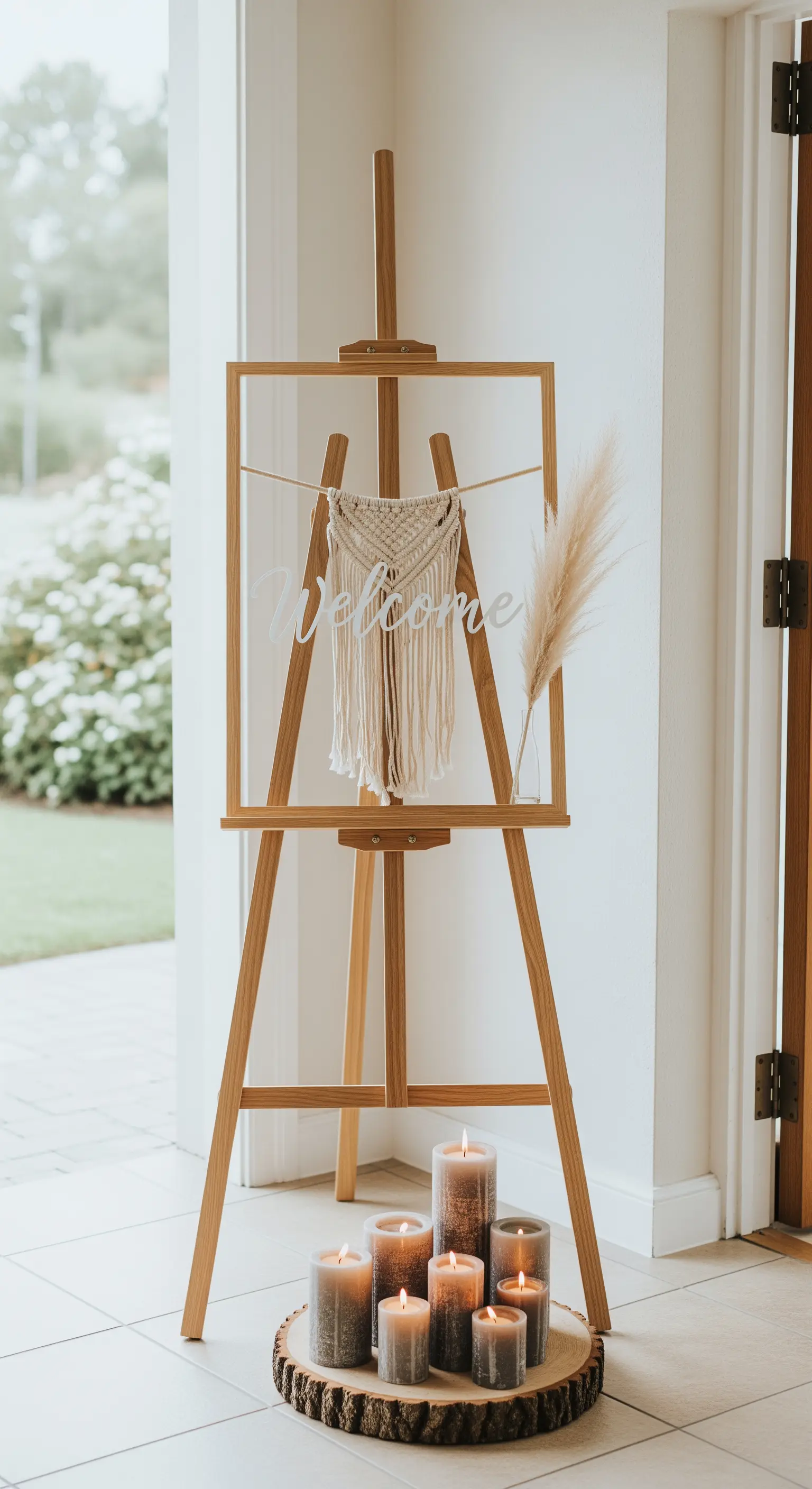 Cavalletto in legno con cartello di benvenuto, decorato con macramè e candele.