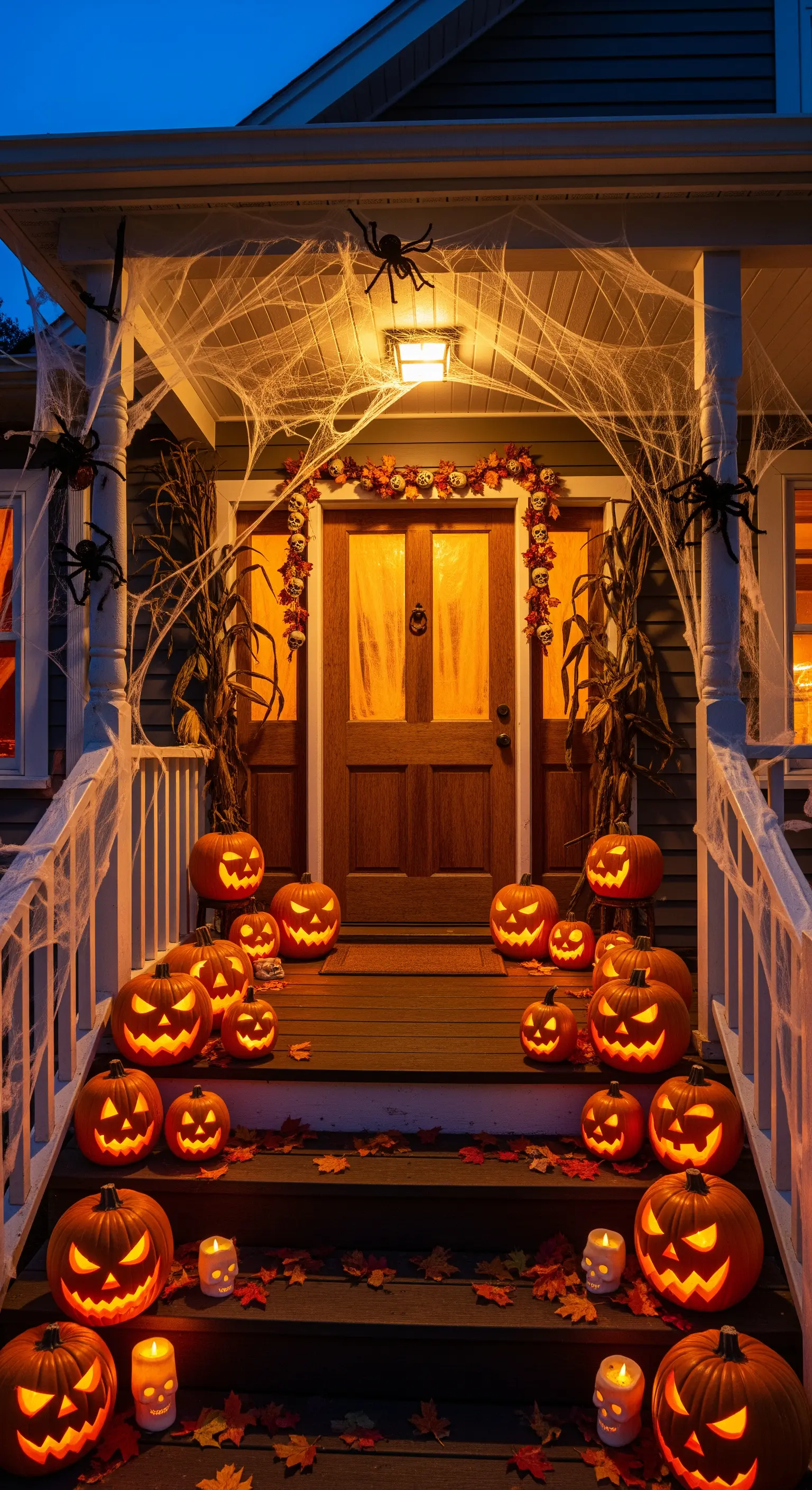 Ingresso di una casa decorato per Halloween con decine di zucche intagliate e illuminate sui gradini.