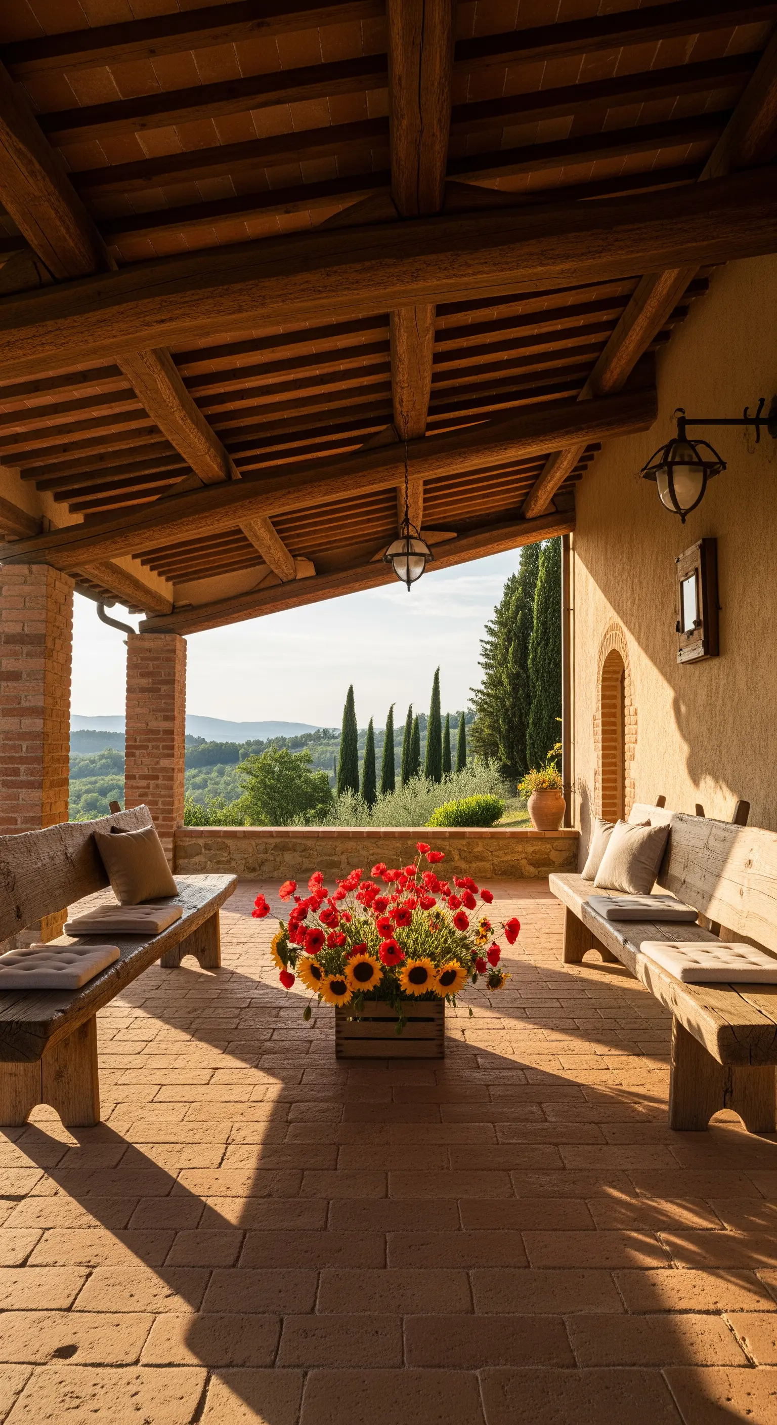Portico rustico con pavimento in cotto, panche in legno e bouquet di girasoli e papaveri.
