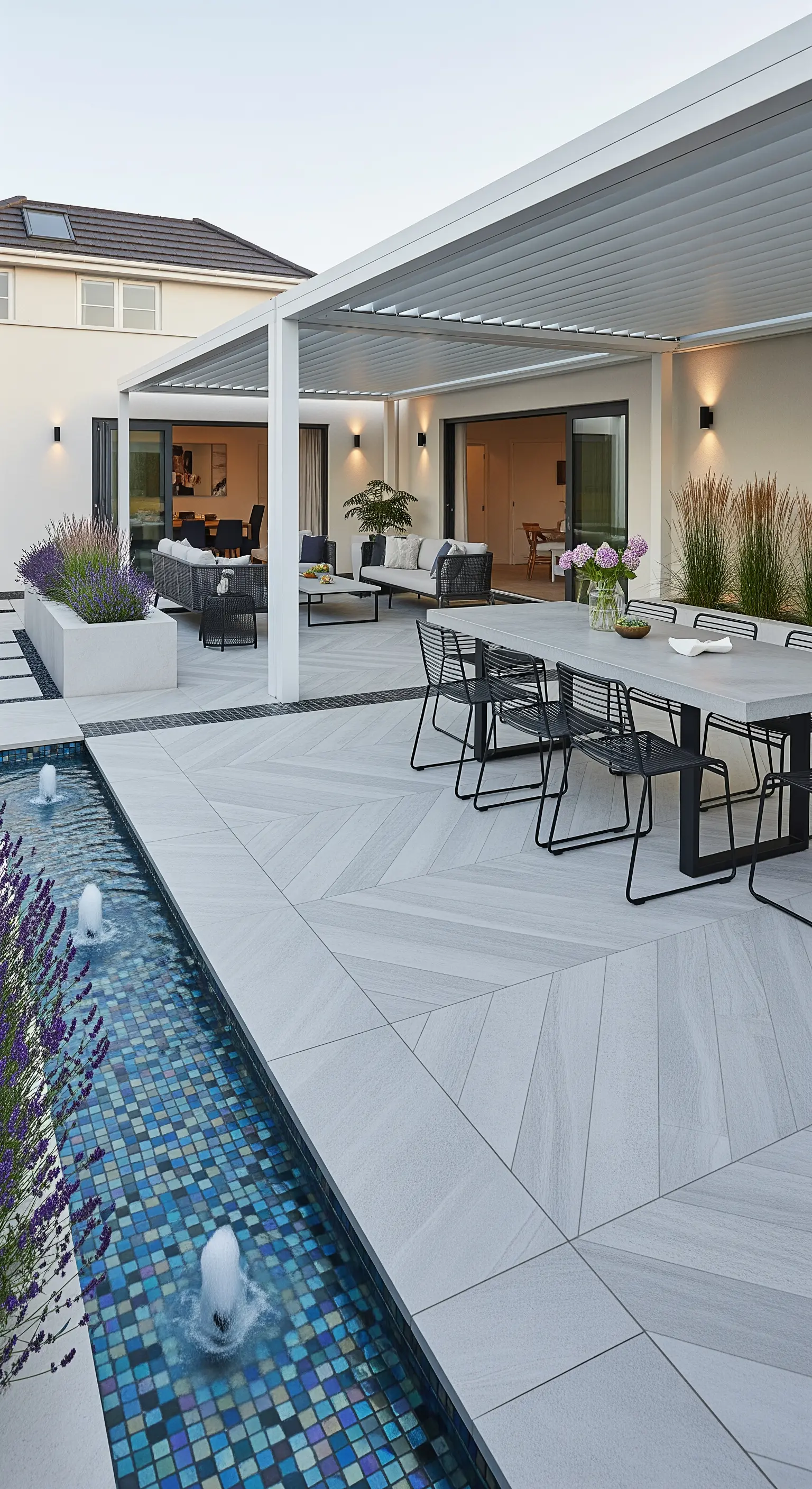 Patio moderno con pavimentazione a spina di pesce e un canale d'acqua con fontane