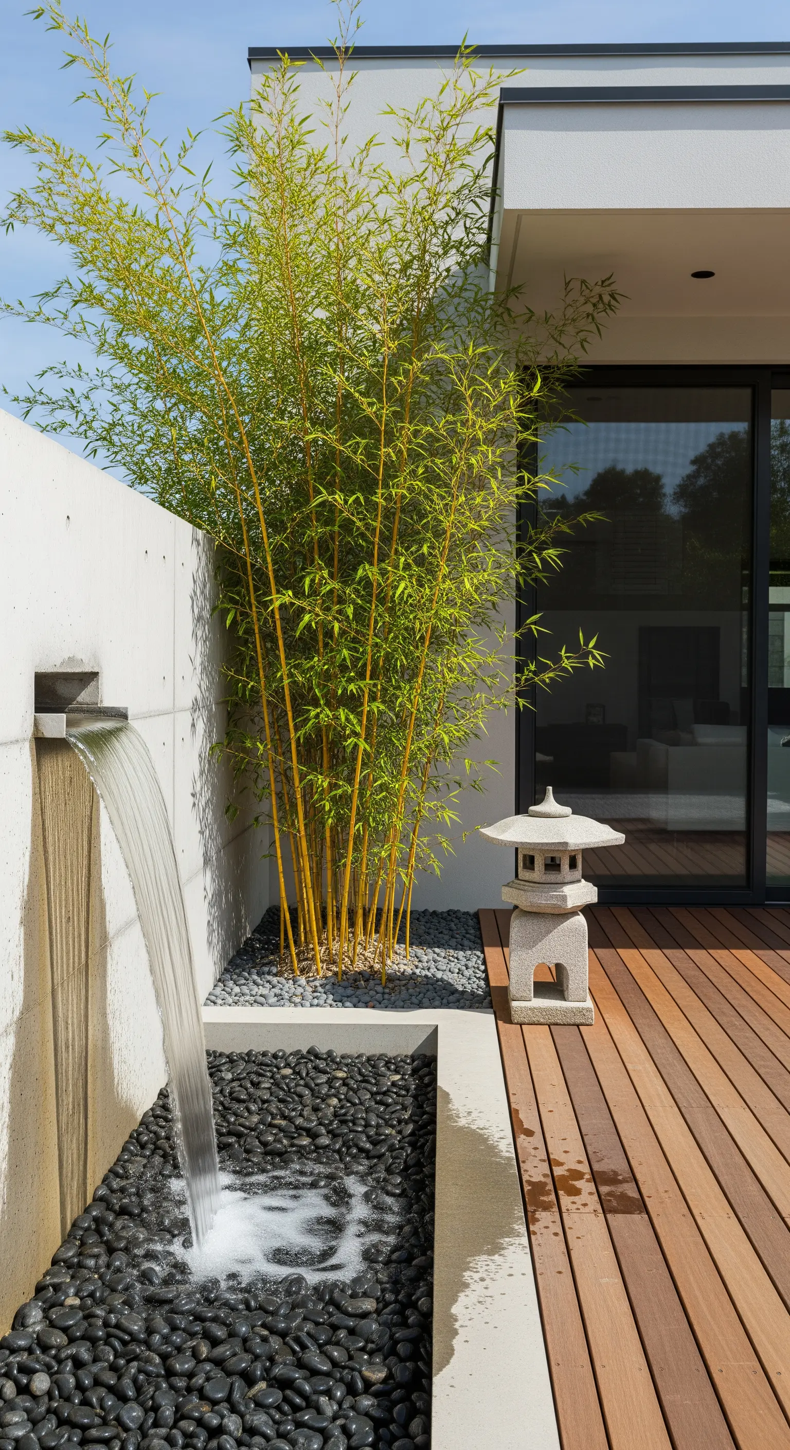 Patio moderno con cascata a muro, pavimento in legno e piante di bambù.