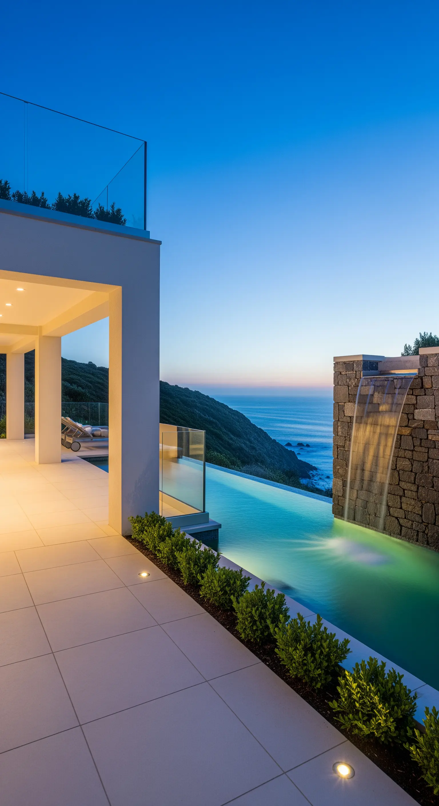 Terrazza moderna con piscina a sfioro e cascata in pietra al tramonto sul mare.