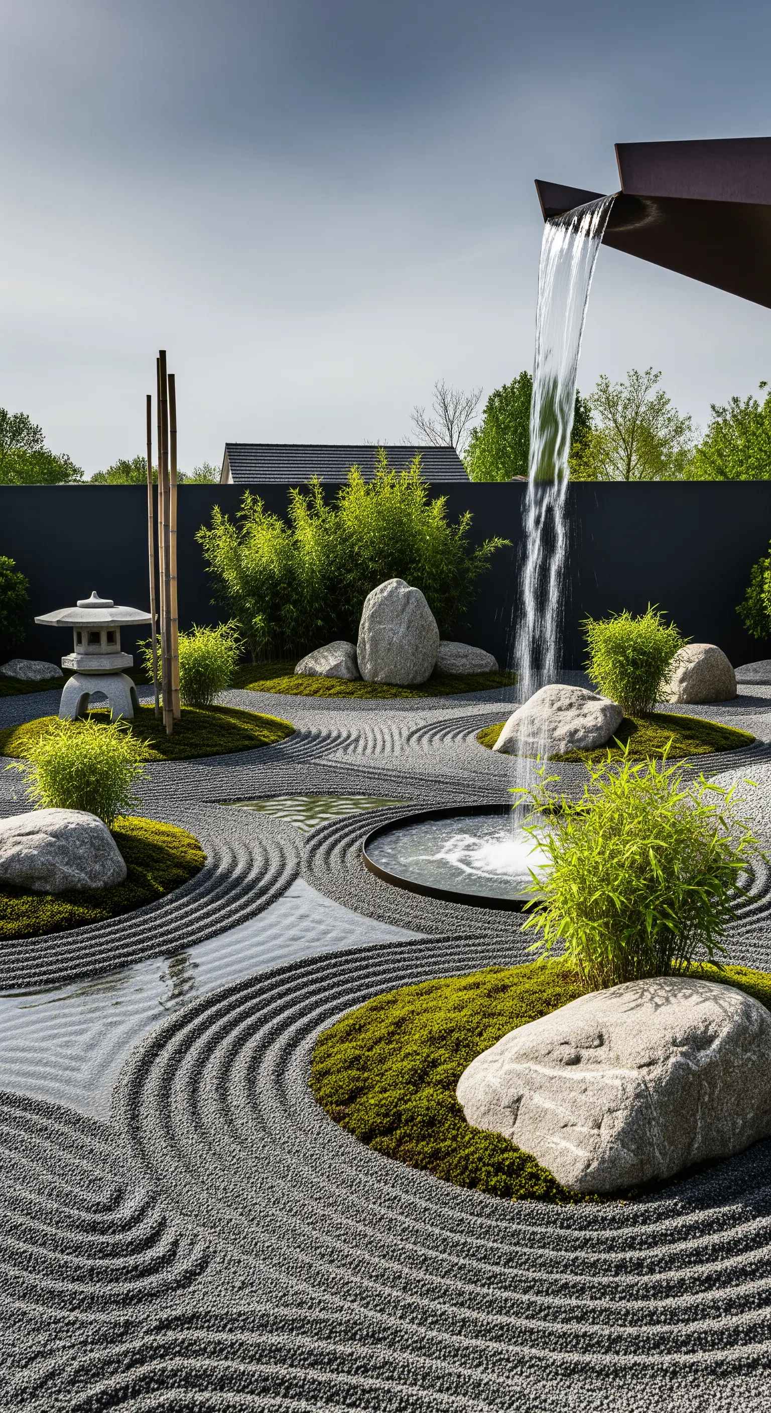 Giardino zen contemporaneo con cascata scultorea e sabbia grigia rastrellata.