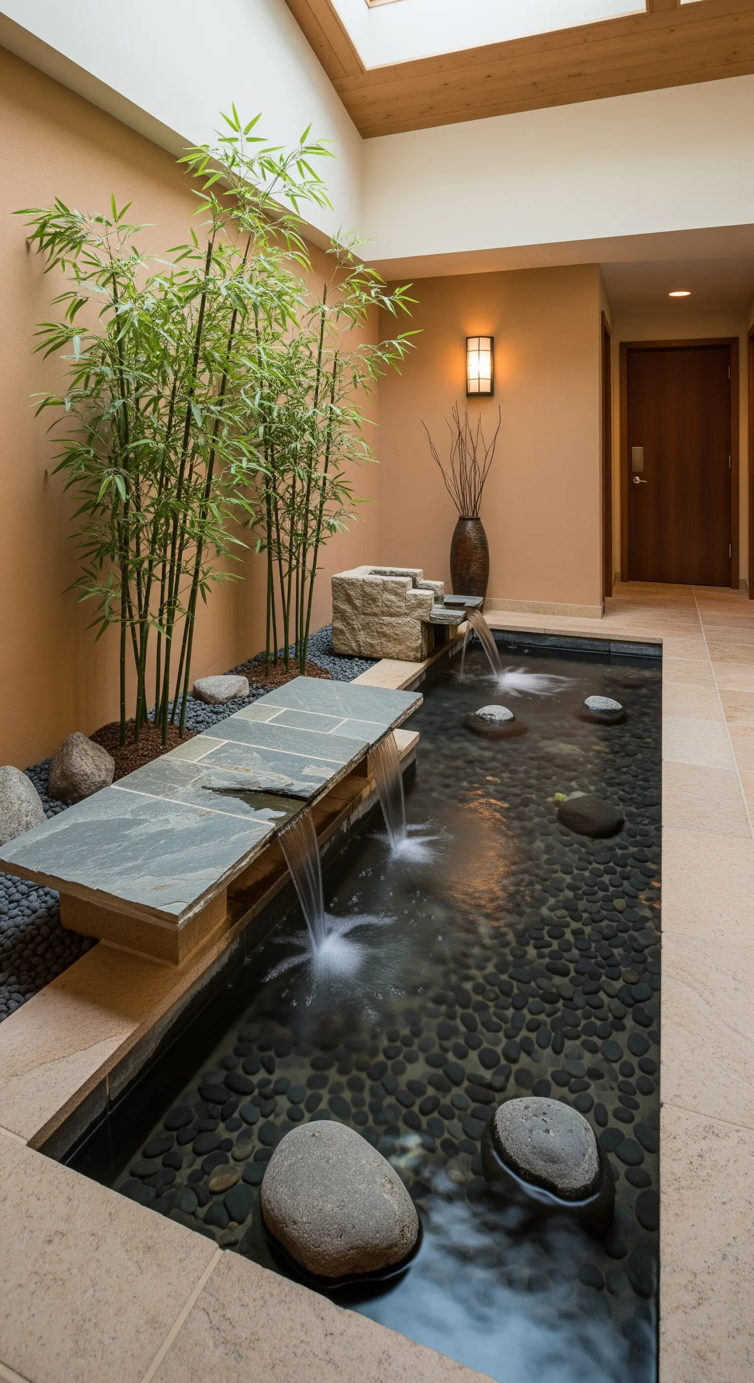 Ingresso interno con una piccola vasca d'acqua, pietre, cascatelle e piante di bambù illuminate dall'alto.