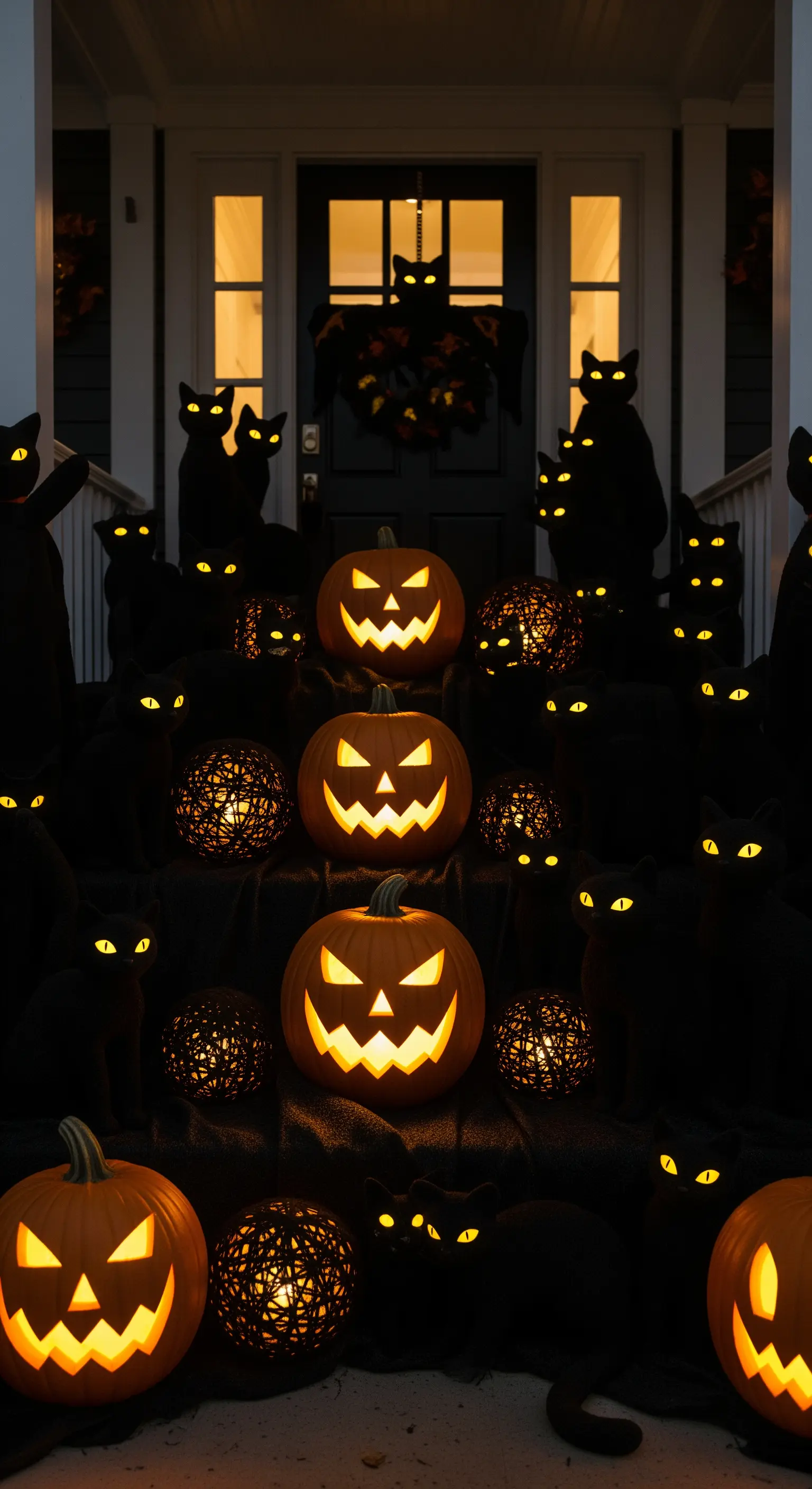 Un gruppo di sagome di gatti neri con occhi gialli luminosi circonda delle zucche illuminate.