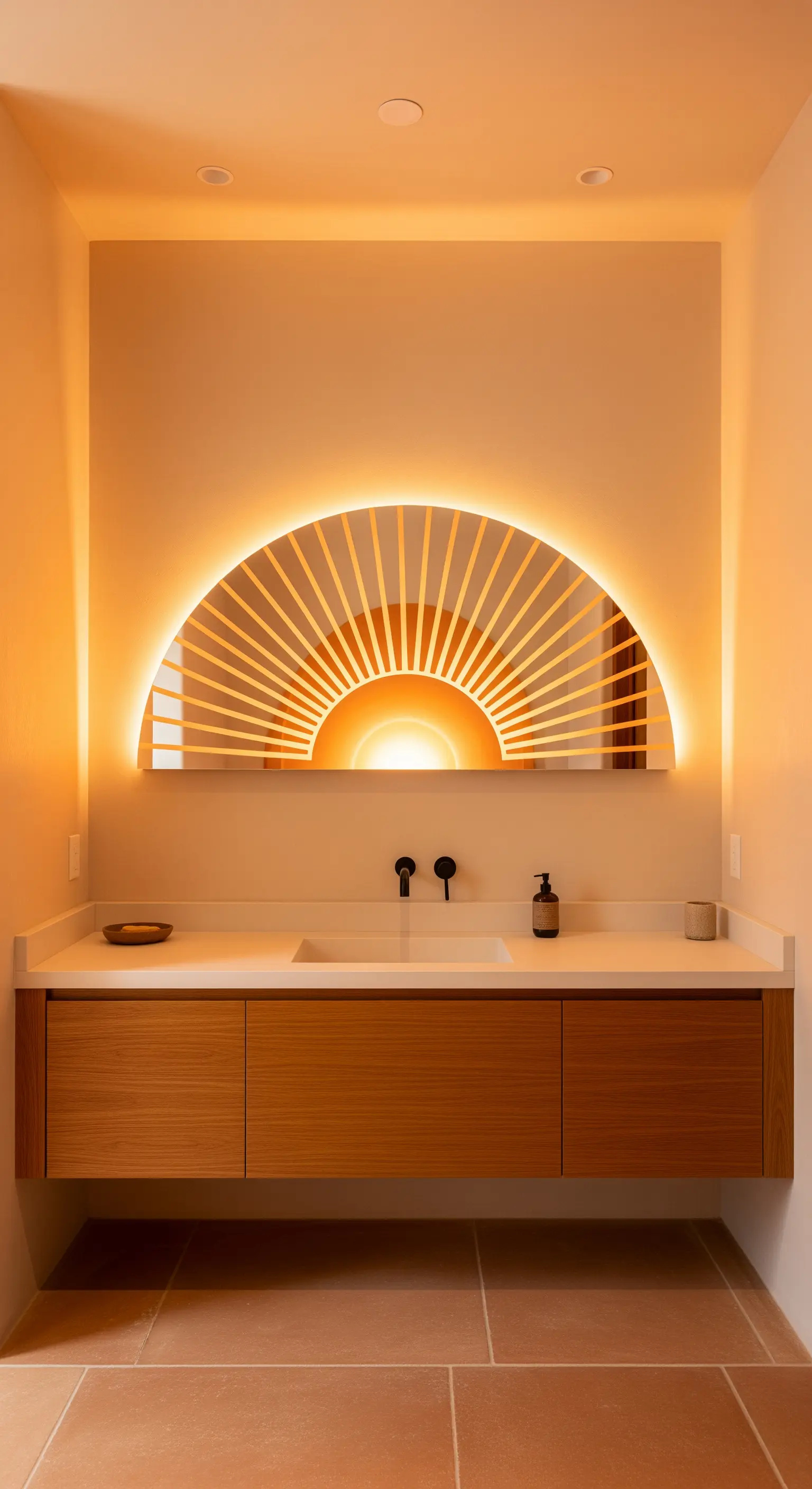 Specchio retroilluminato a forma di sole nascente sopra un mobile in legno.