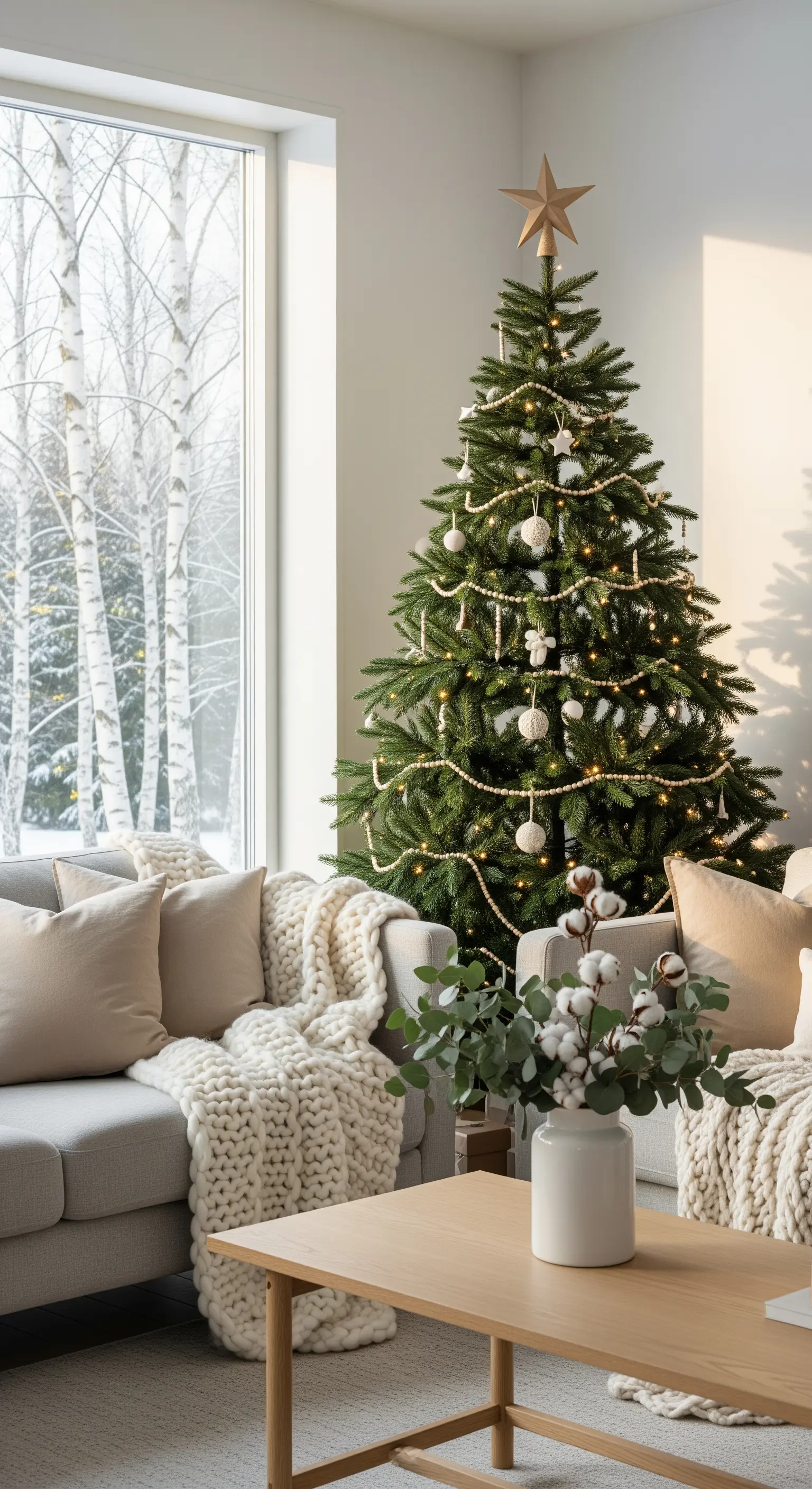 Albero di Natale in un salotto scandinavo con coperte in maglia e cuscini neutri.