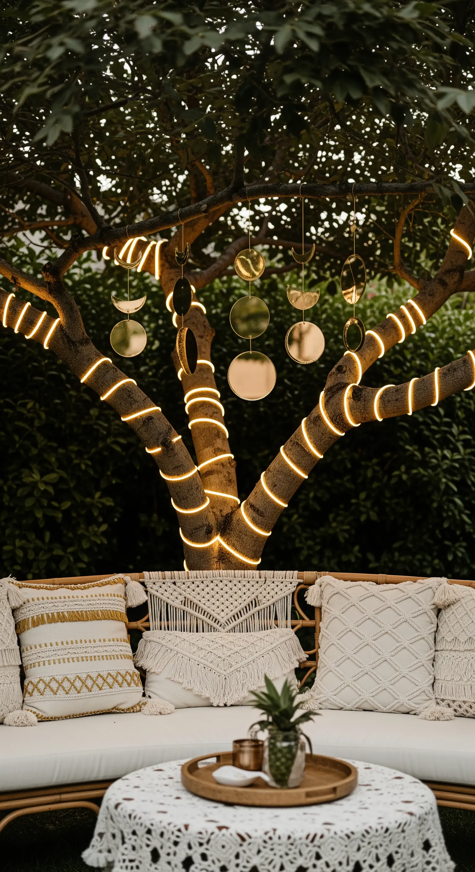 Albero con rami avvolti da luci a tubo LED e decorazioni dorate pendenti.