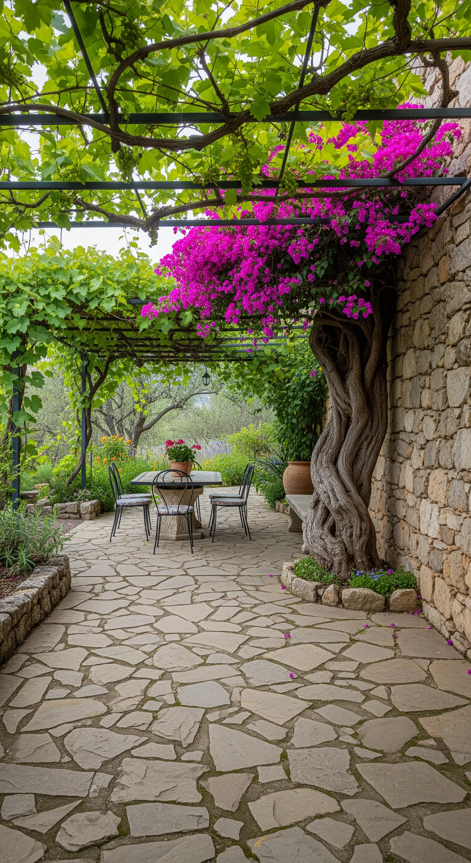 Patio in pietra con un imponente tronco di vite che si arrampica su una pergola.