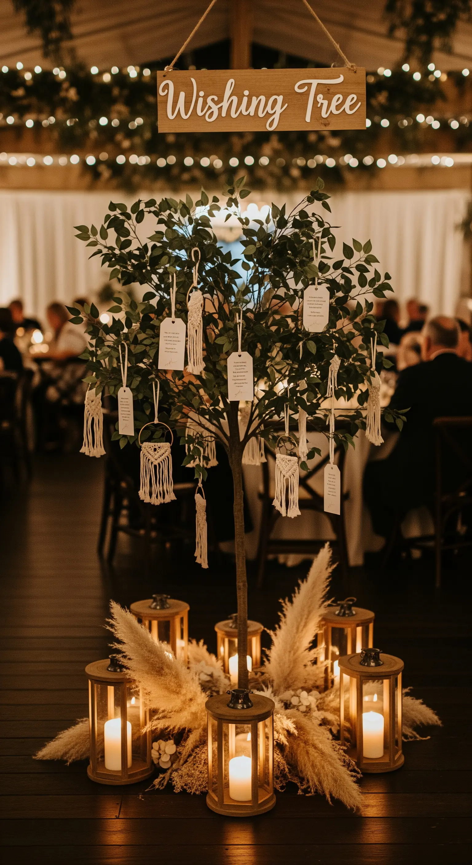Un piccolo albero usato come 'Wishing Tree' con biglietti e decorazioni in macramè appese.