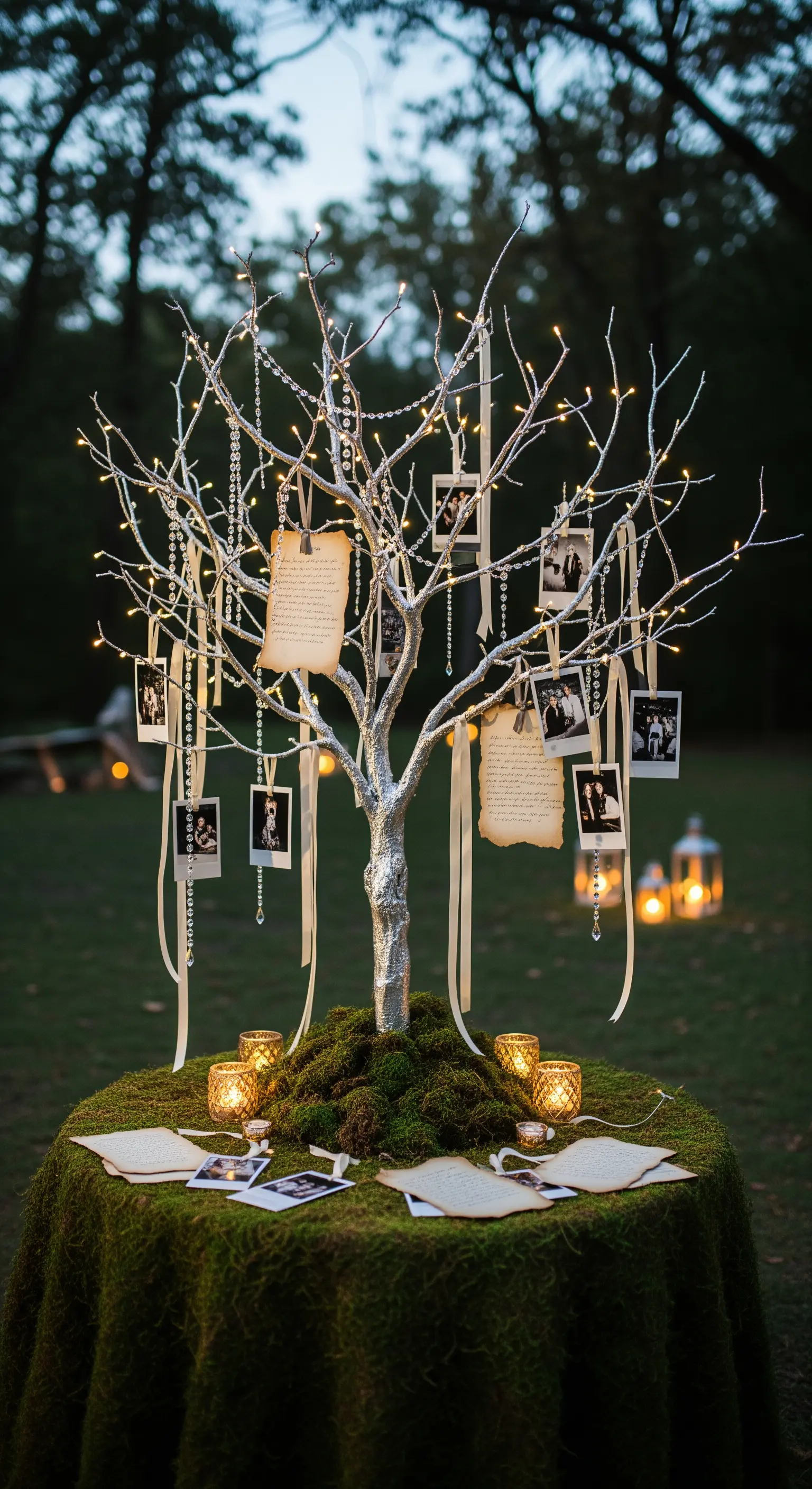 Albero decorativo bianco illuminato con polaroid e messaggi appesi ai rami.