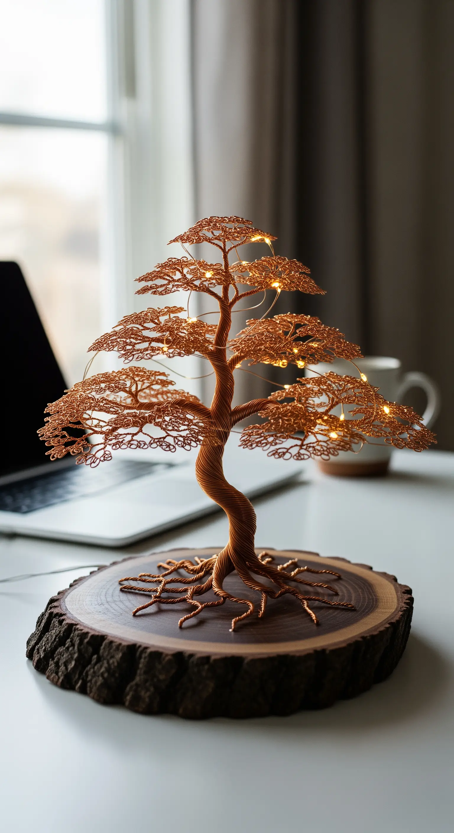 Scultura a forma di albero in filo di rame illuminata da micro LED su una base di legno.