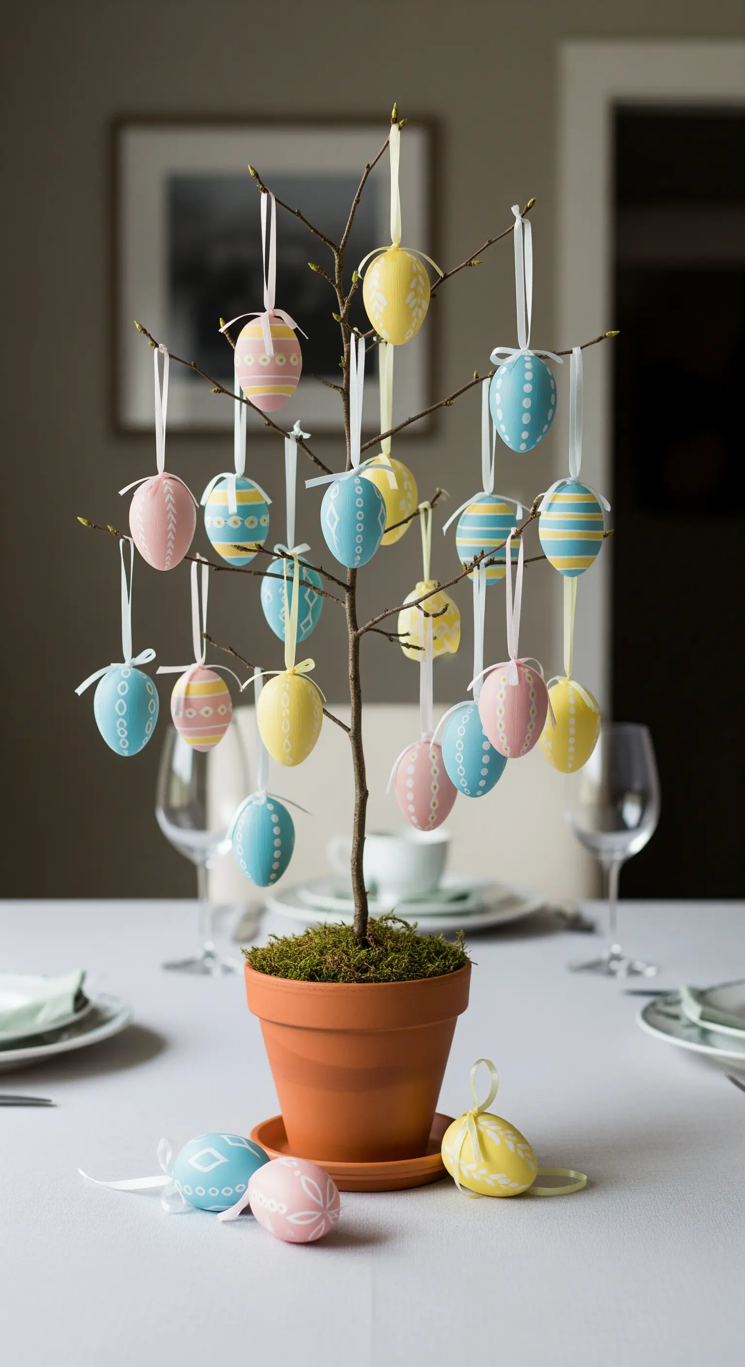Centrotavola con un rametto in un vaso di terracotta, decorato con uova pasquali color pastello.