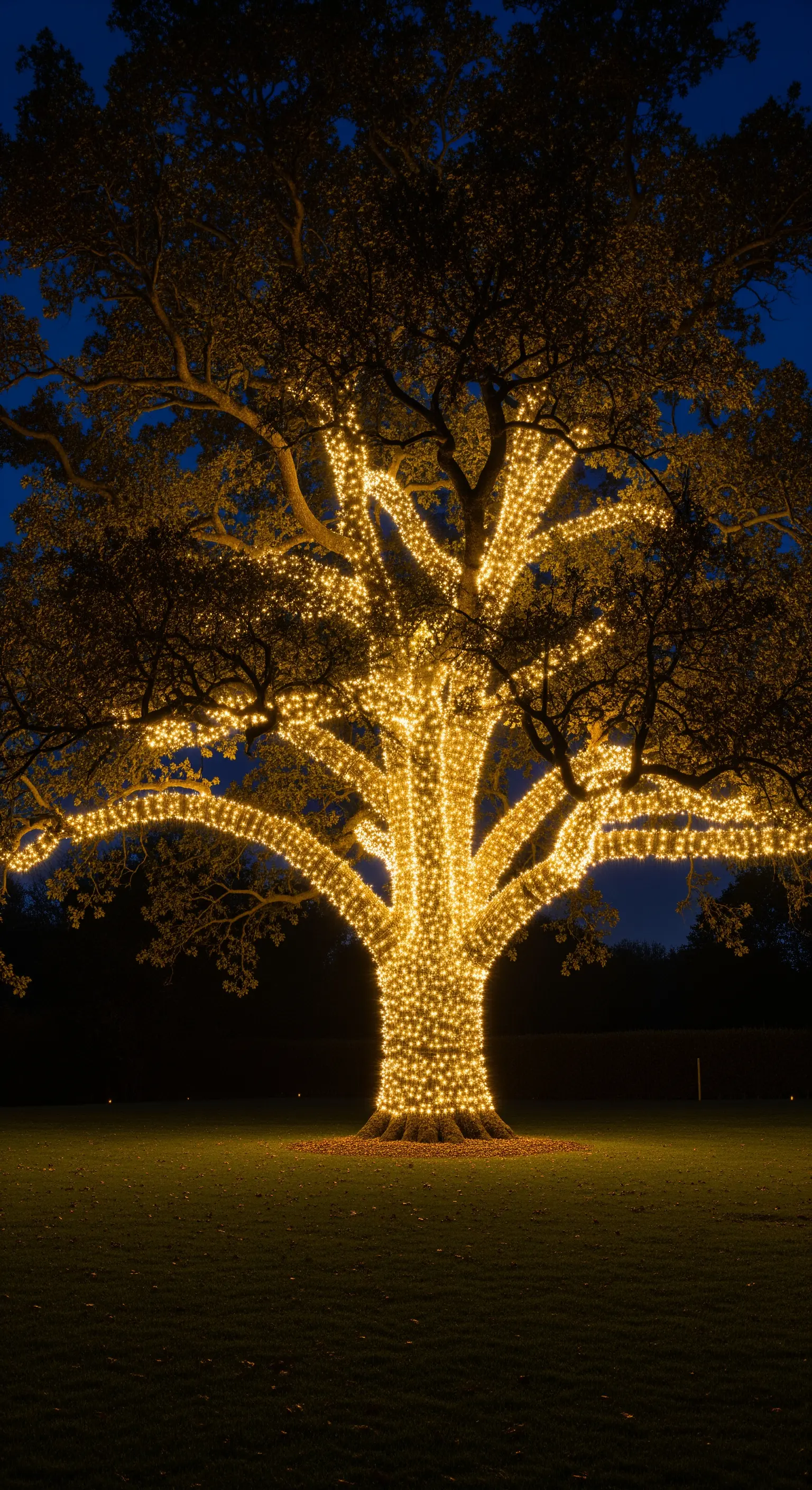 Un grande albero secolare con tronco e rami completamente avvolti da lucine.