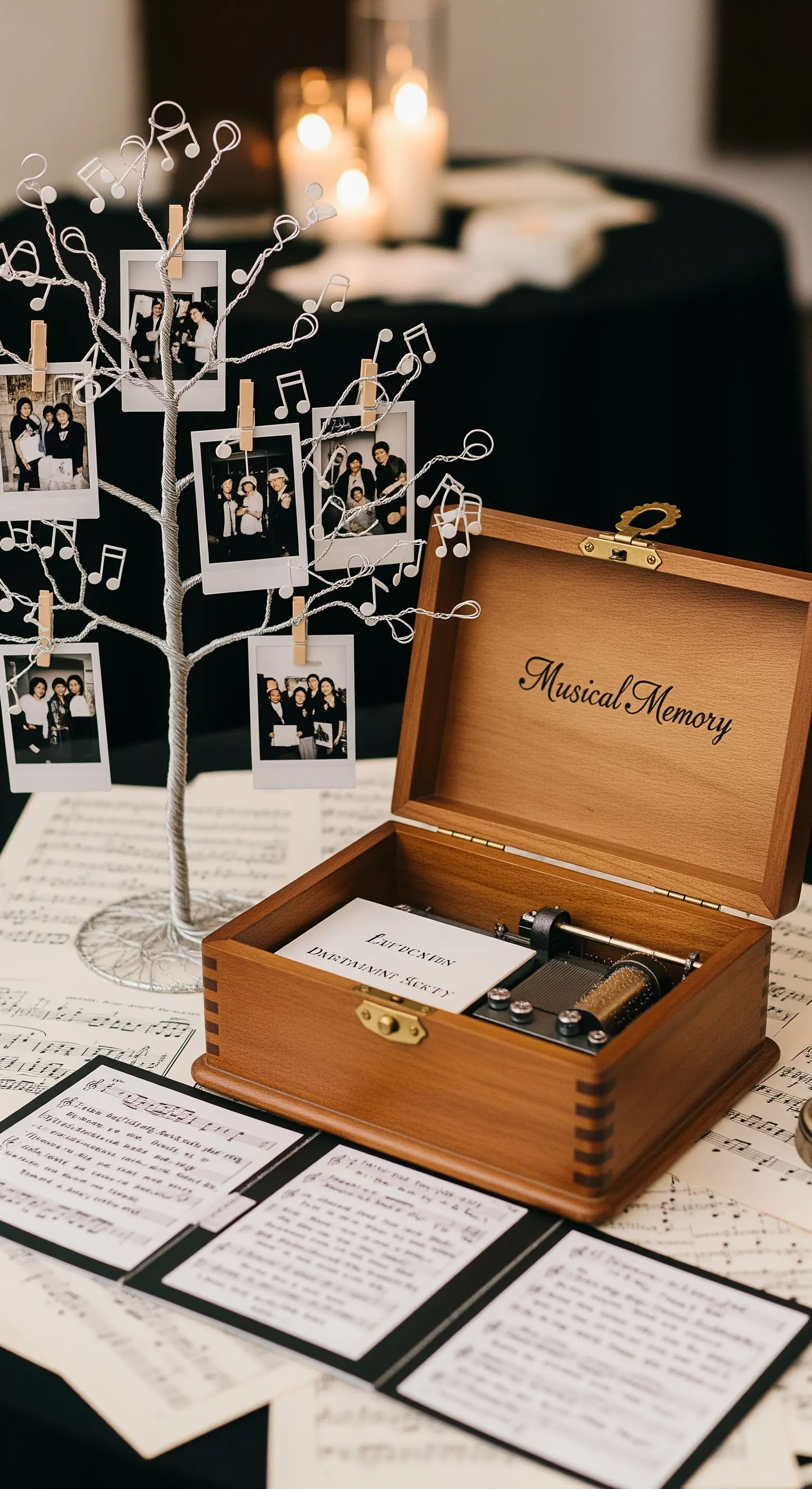 Albero in fil di ferro con note musicali, polaroid appese e un carillon in legno.