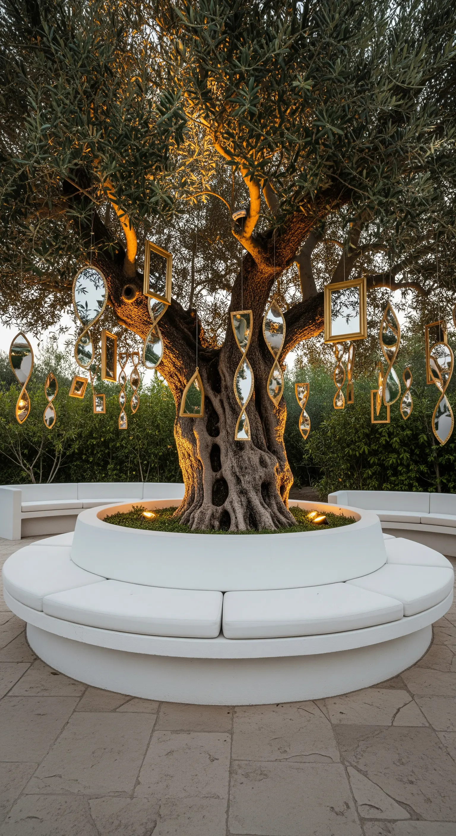 Grande ulivo con decine di specchi dorati appesi ai rami, circondato da una panca bianca circolare.