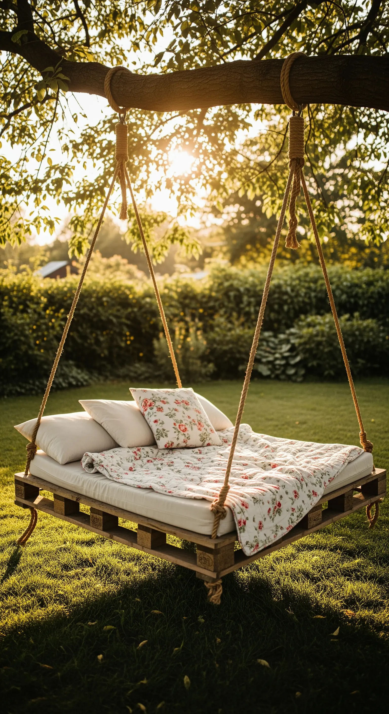 Letto sospeso in pallet appeso a un albero con corde robuste, al tramonto.