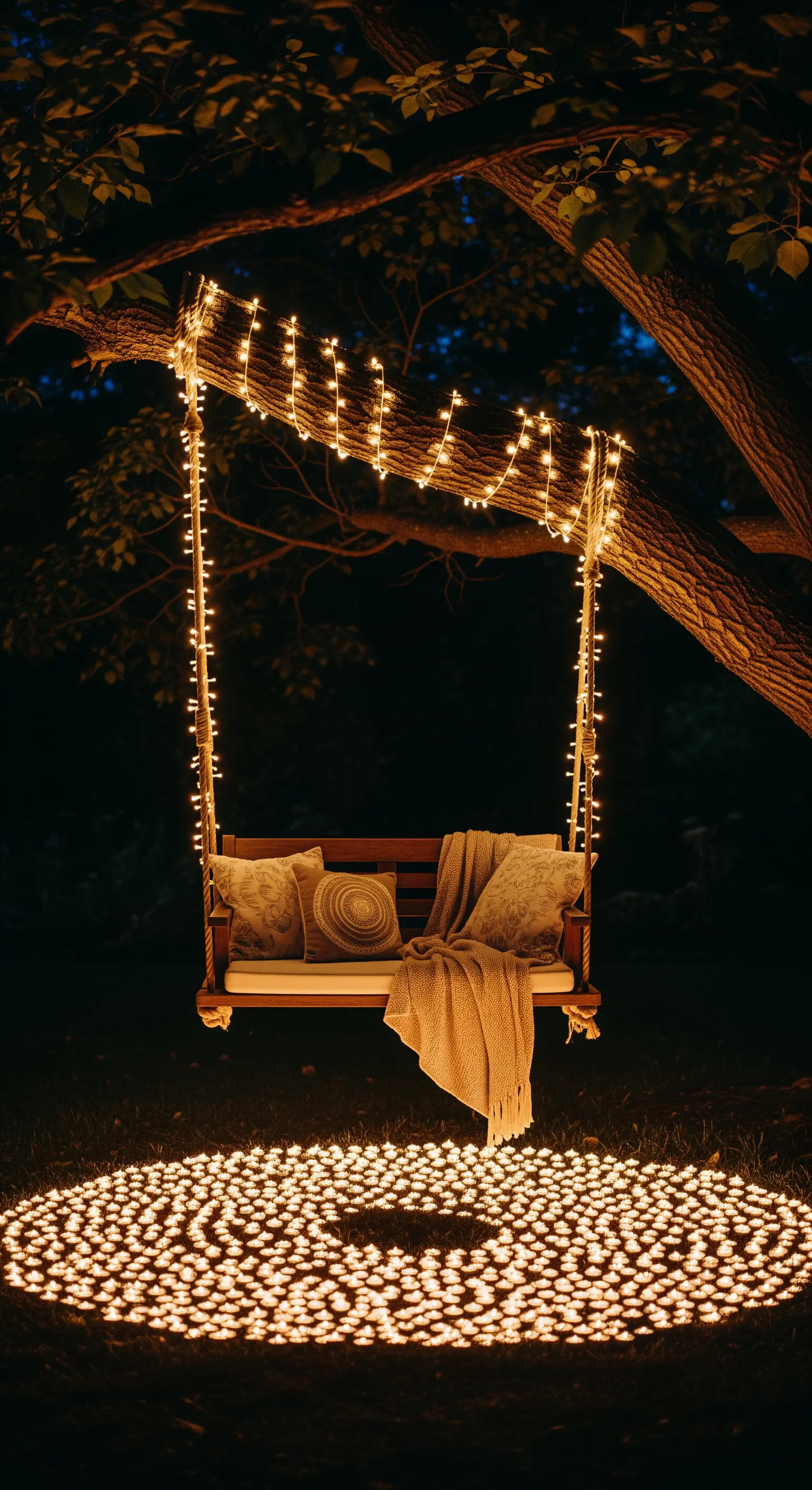 Altalena in legno appesa a un albero, decorata con lucine e con un tappeto di candele a terra.
