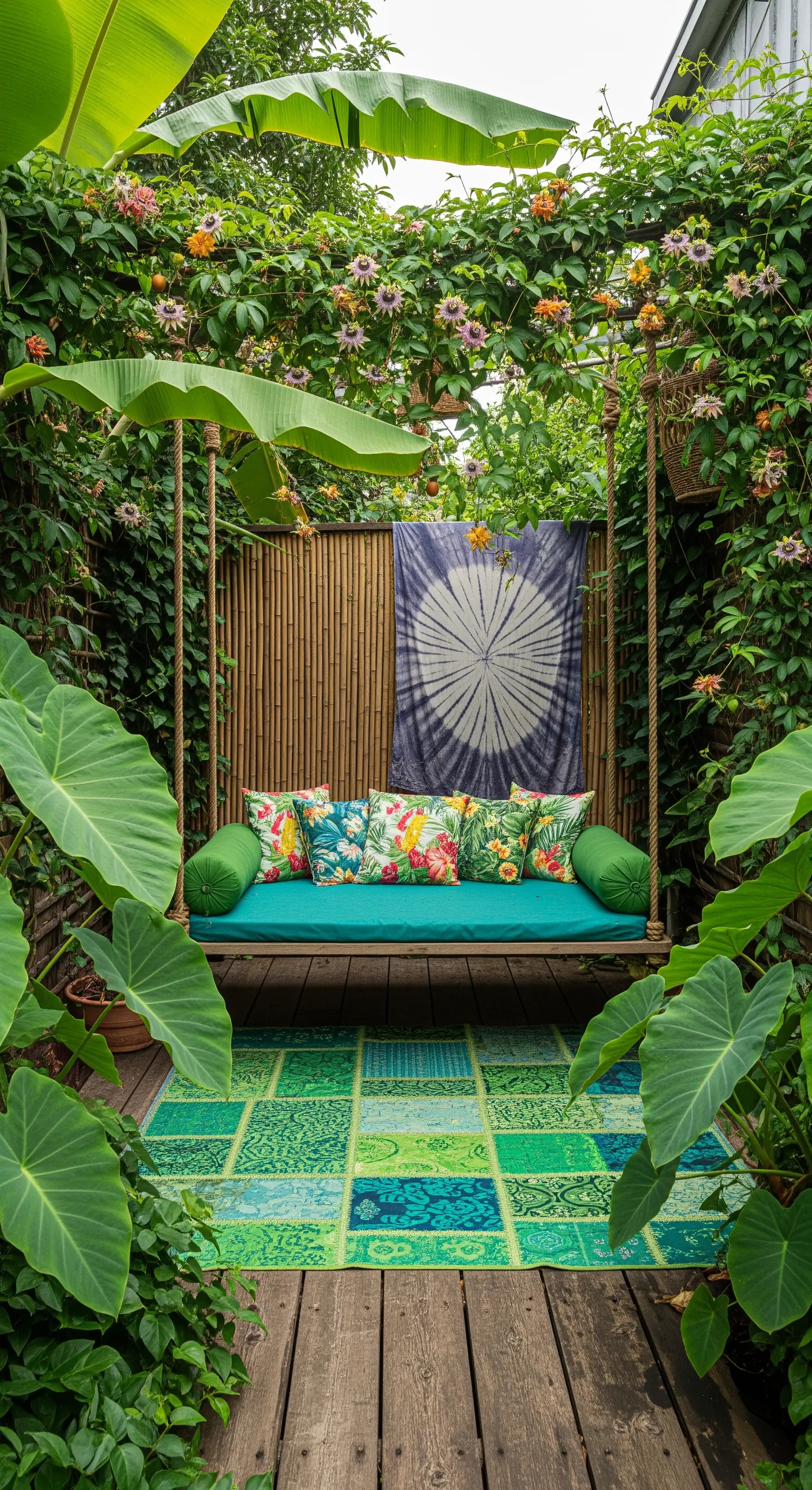 Altalena-divano turchese in un giardino lussureggiante, con sfondo in bambù e tappeto verde.