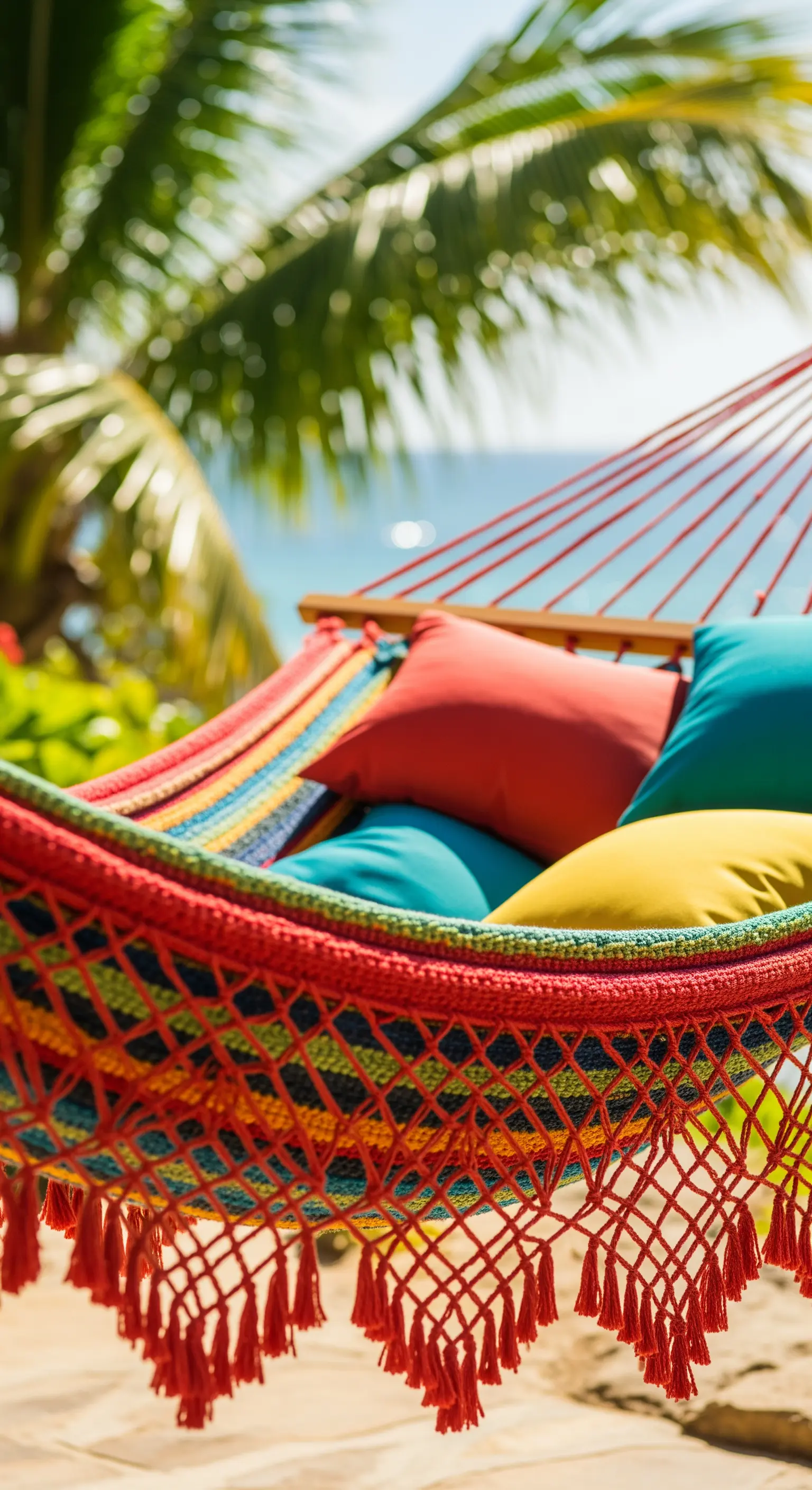 Dettaglio di un'amaca intrecciata rossa e multicolore con cuscini vivaci.