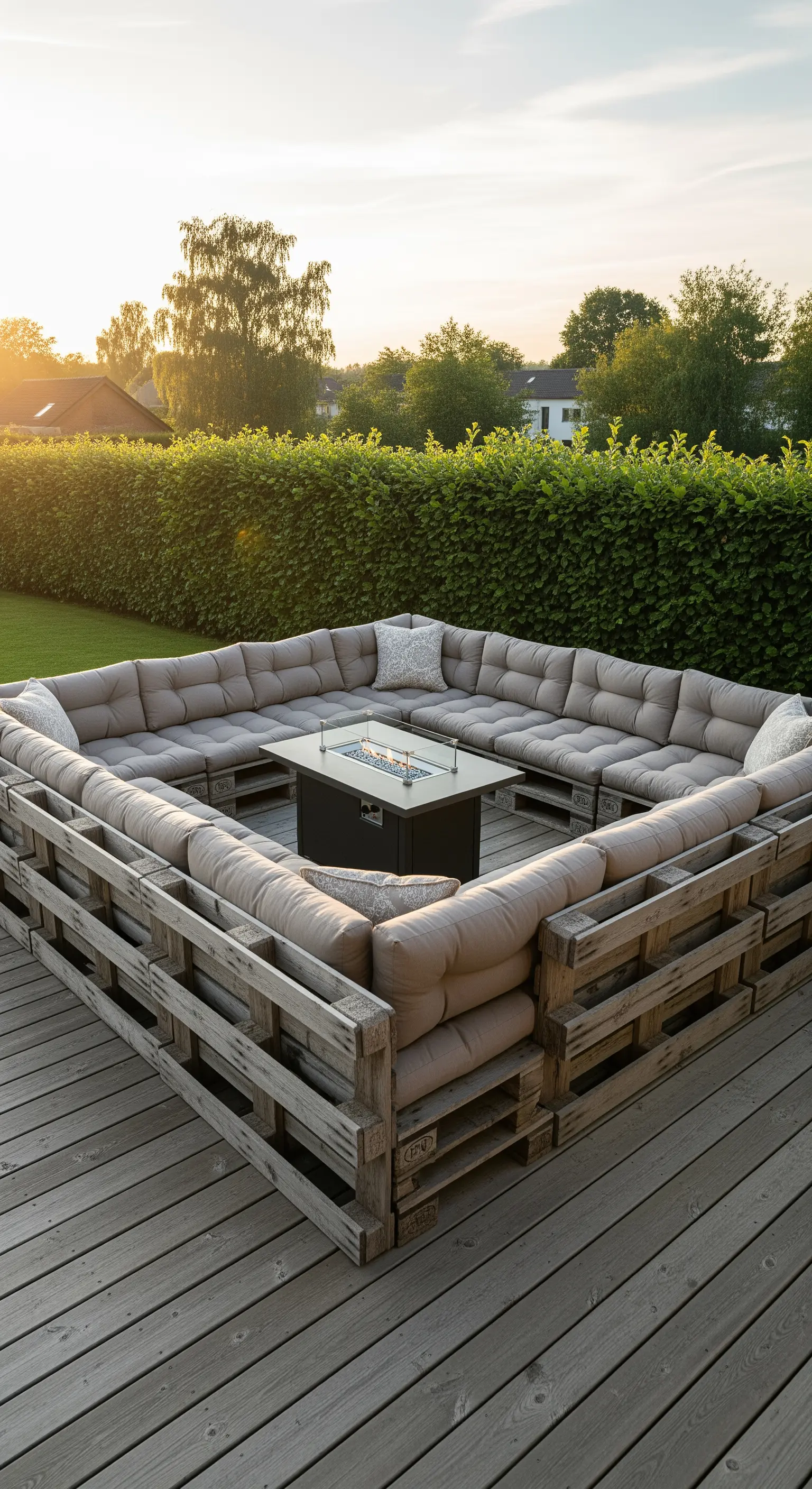 Grande divano a U in pallet che circonda un braciere centrale su una terrazza in legno.