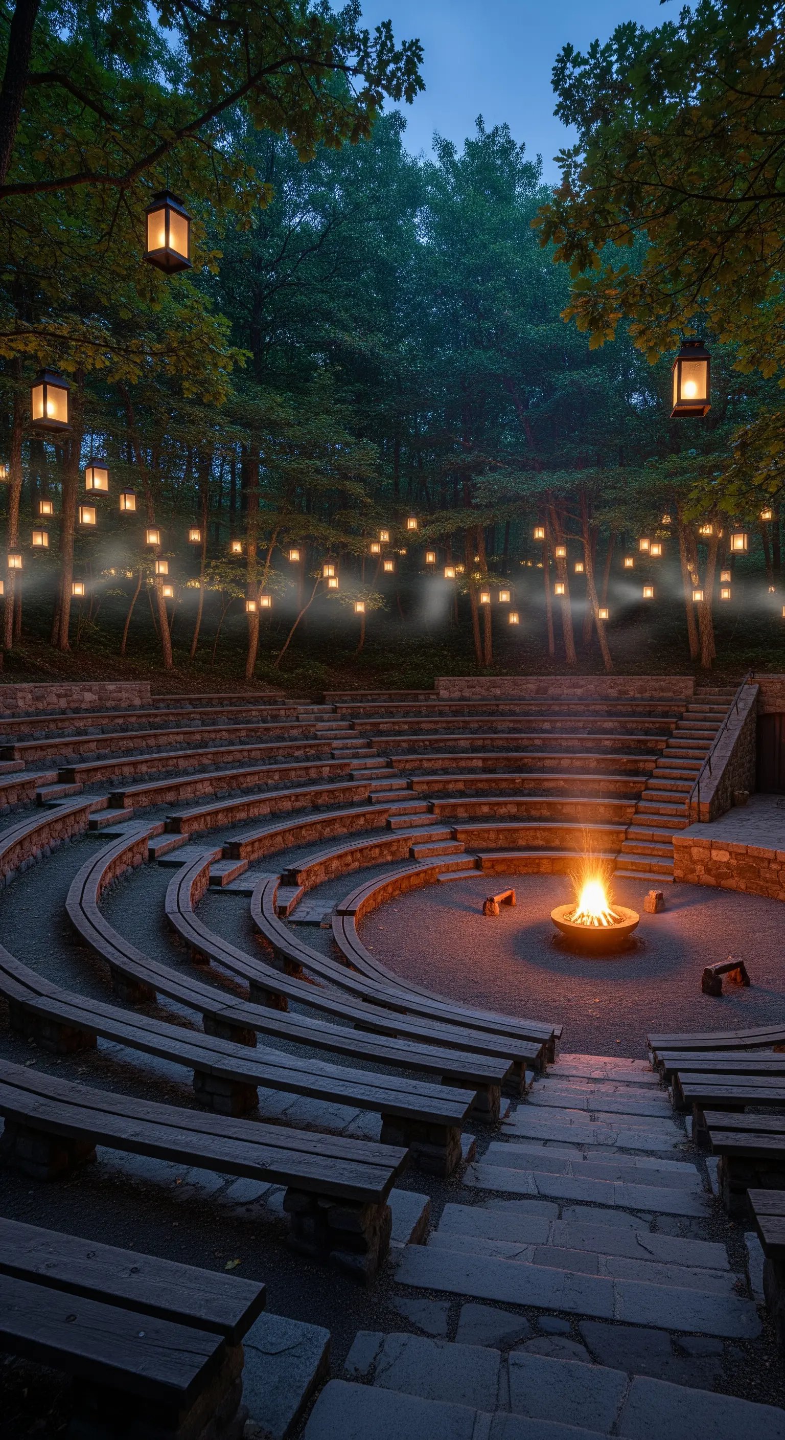 Anfiteatro in pietra e legno con un braciere al centro e lanterne appese tra gli alberi.