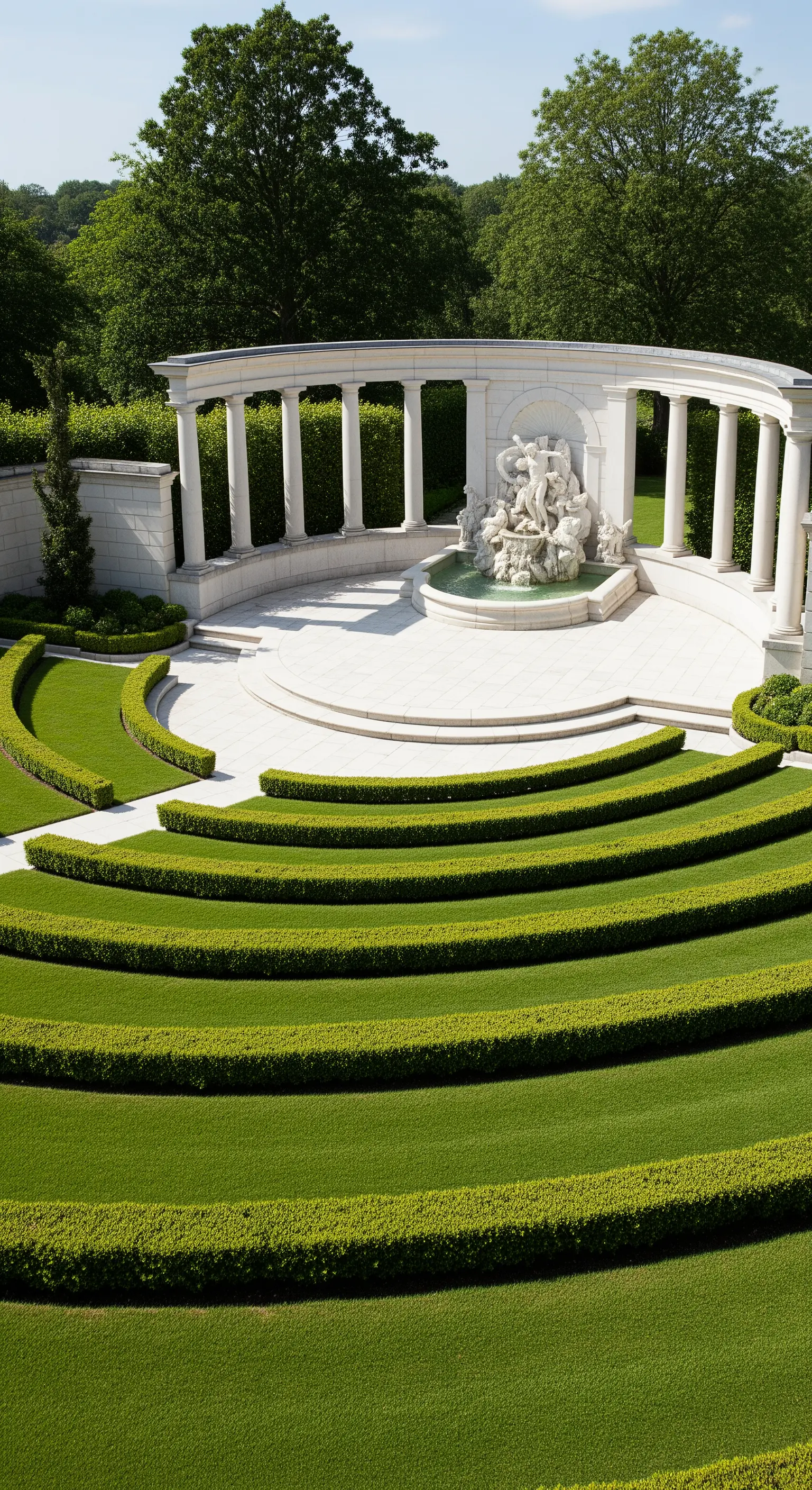 Anfiteatro con gradoni d'erba che scendono verso una fontana e un colonnato bianchi.