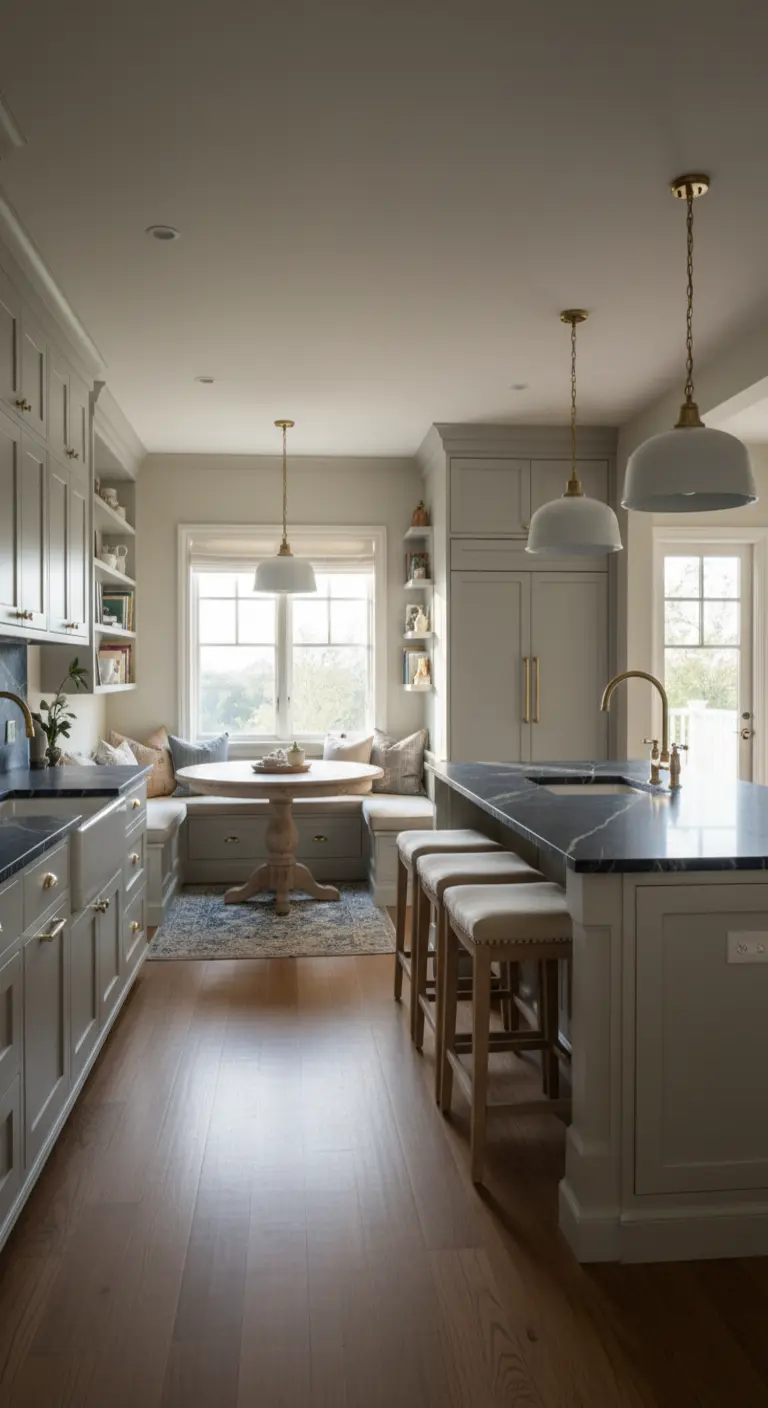 Cucina con isola in marmo blu e angolo colazione integrato con panca e cuscini.