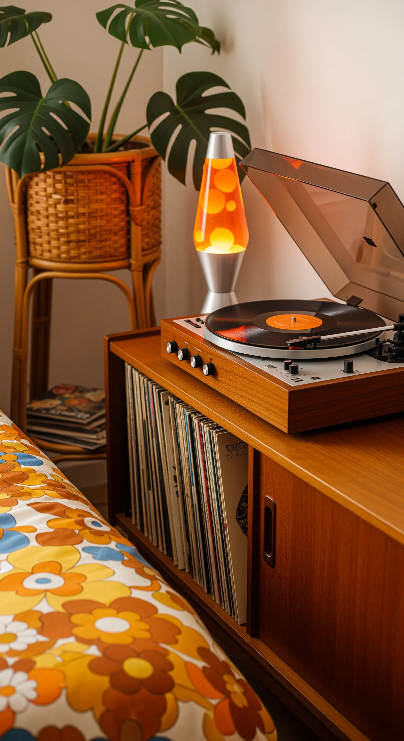 Angolo vintage con giradischi, lava lamp e una collezione di vinili in un mobile di legno.