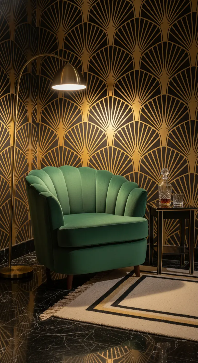 Poltrona in velluto verde a conchiglia contro una parete Art Déco nera e oro.