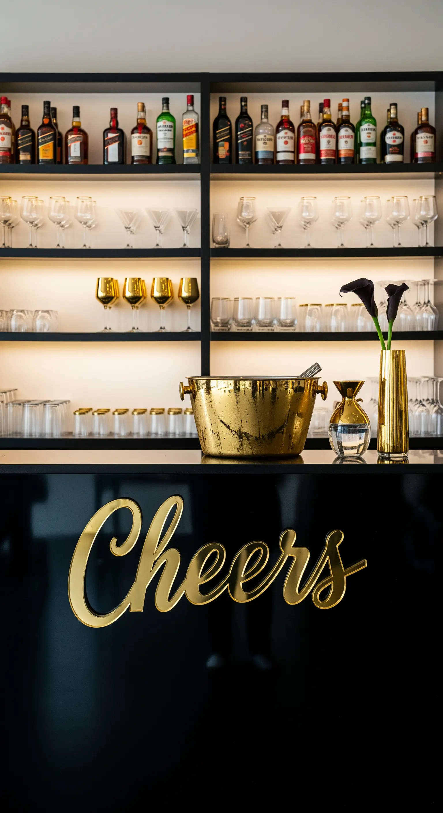Angolo bar nero con scritta dorata 'Cheers', mensole illuminate e calle nere in un vaso oro.