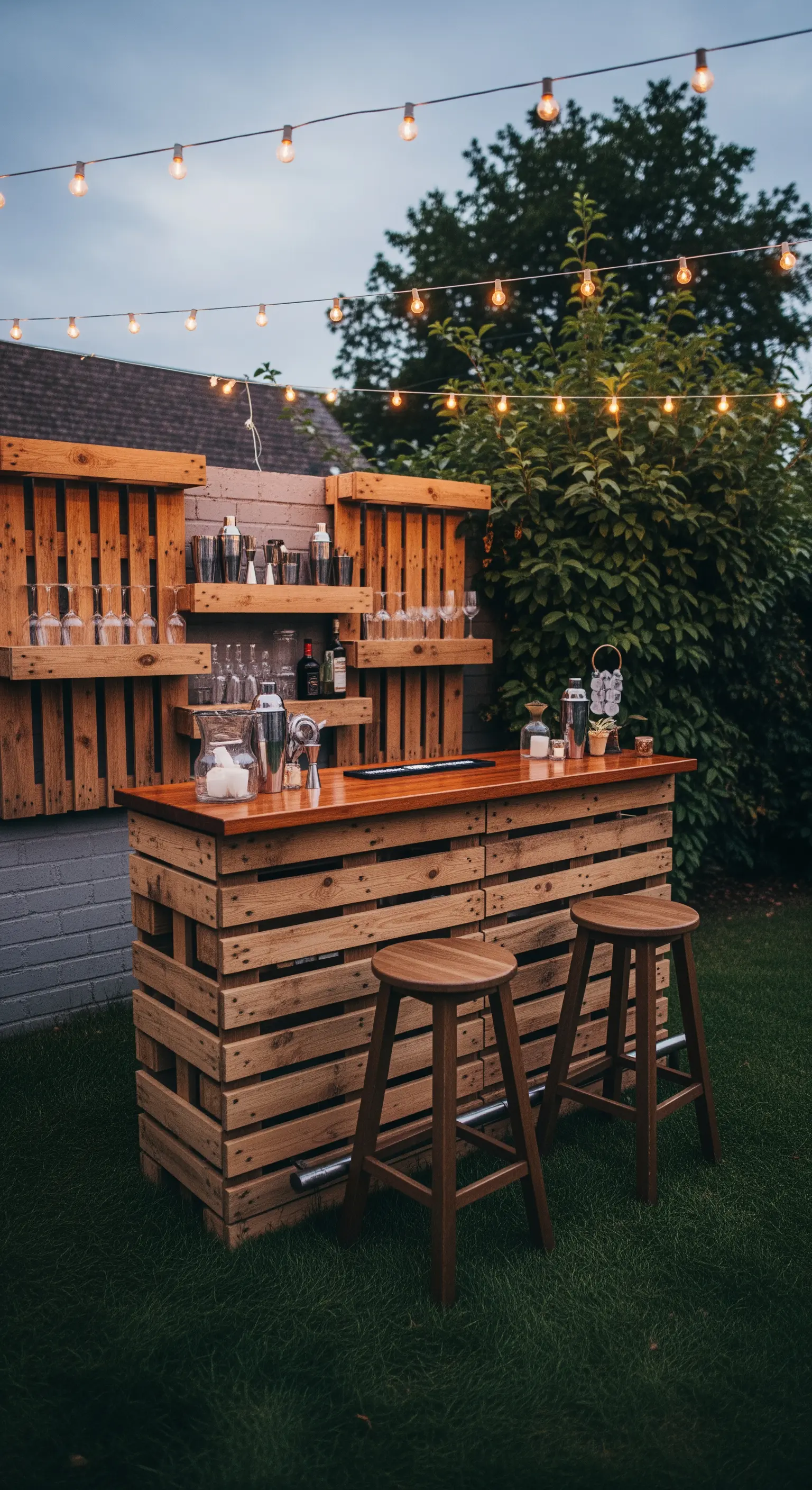 Bar da esterno fai-da-te costruito con pallet, con mensole per bicchieri e sgabelli.