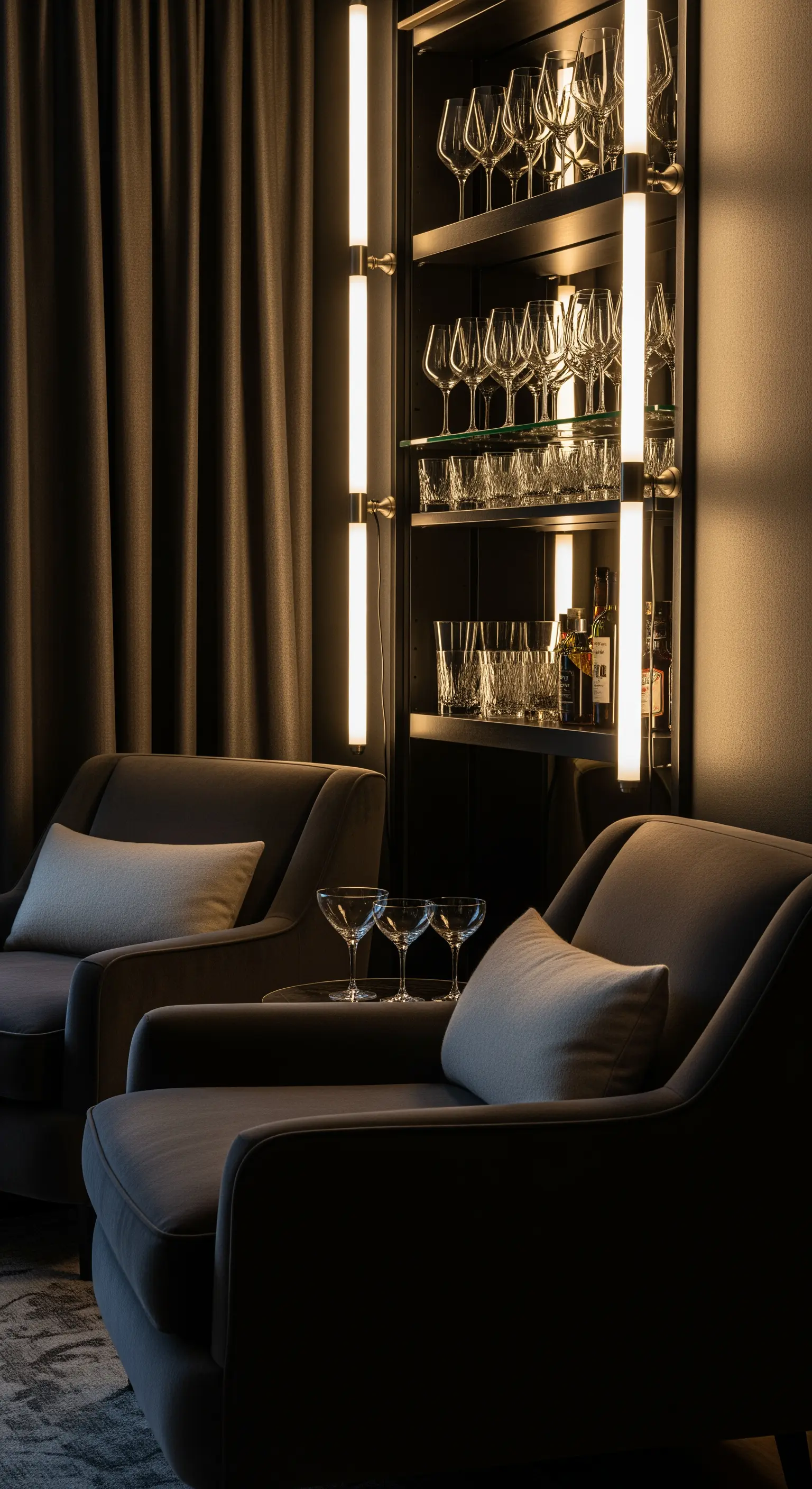 Angolo bar con scaffalatura per bicchieri illuminata da barre LED verticali e due poltrone scure.