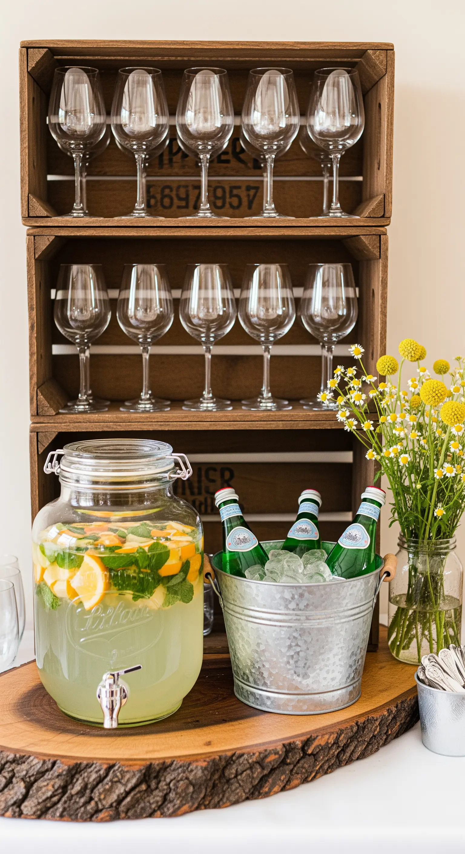 Angolo bar con cassette di legno, dispenser per bevande e secchio di zinco.