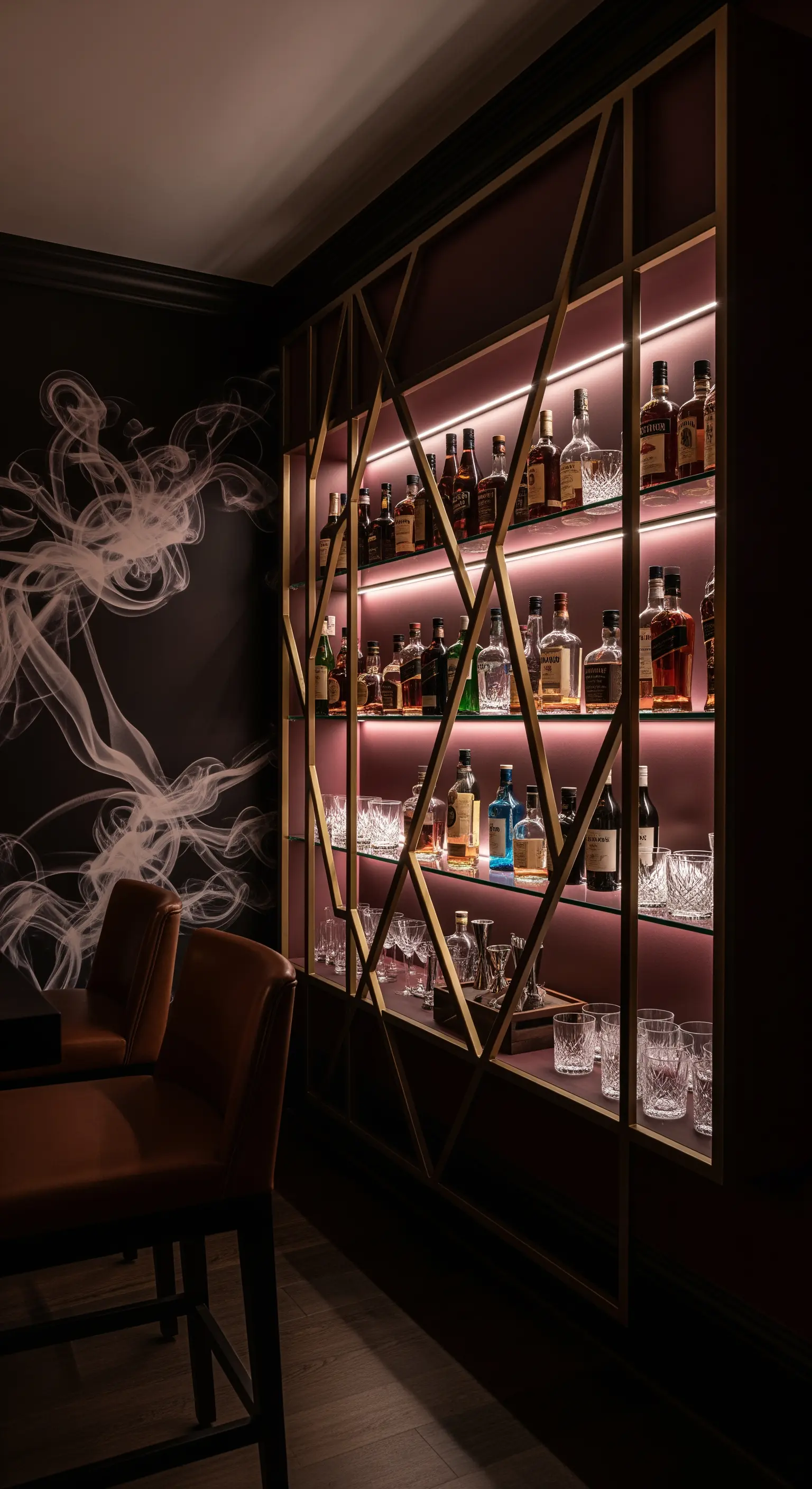 Angolo bar con scaffalatura geometrica dorata e retroilluminata su un murale effetto fumo.