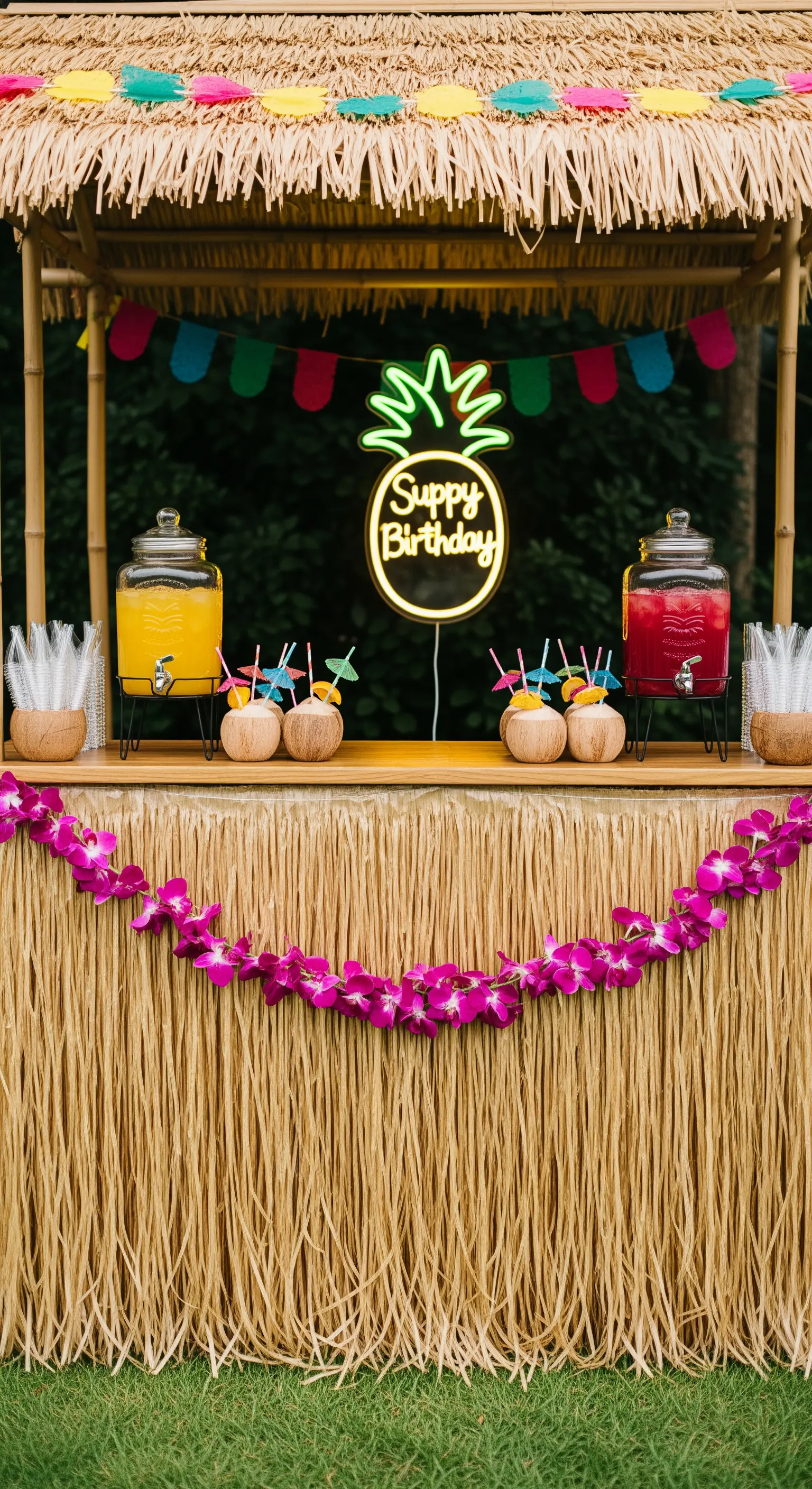 Chiosco bar in stile tiki con tetto di paglia, insegna al neon e dispenser di bevande.