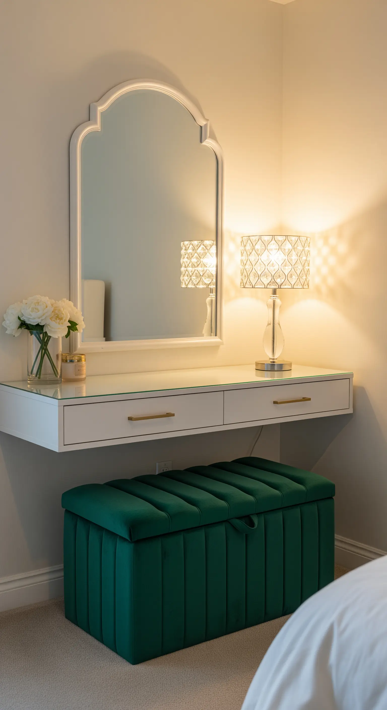 Scrivania bianca sospesa con specchio e panca contenitore in velluto verde smeraldo.